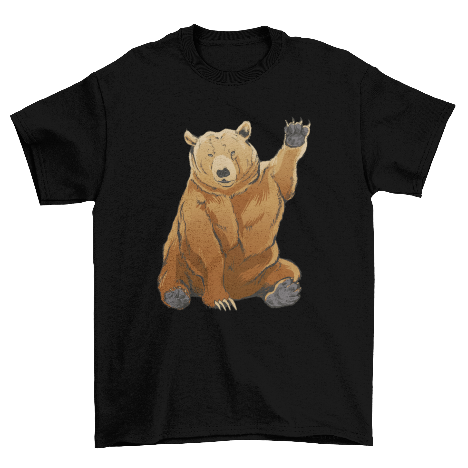 A stylish t-shirt featuring a grizzly bear waving its hand, perfect for wildlife enthusiasts.