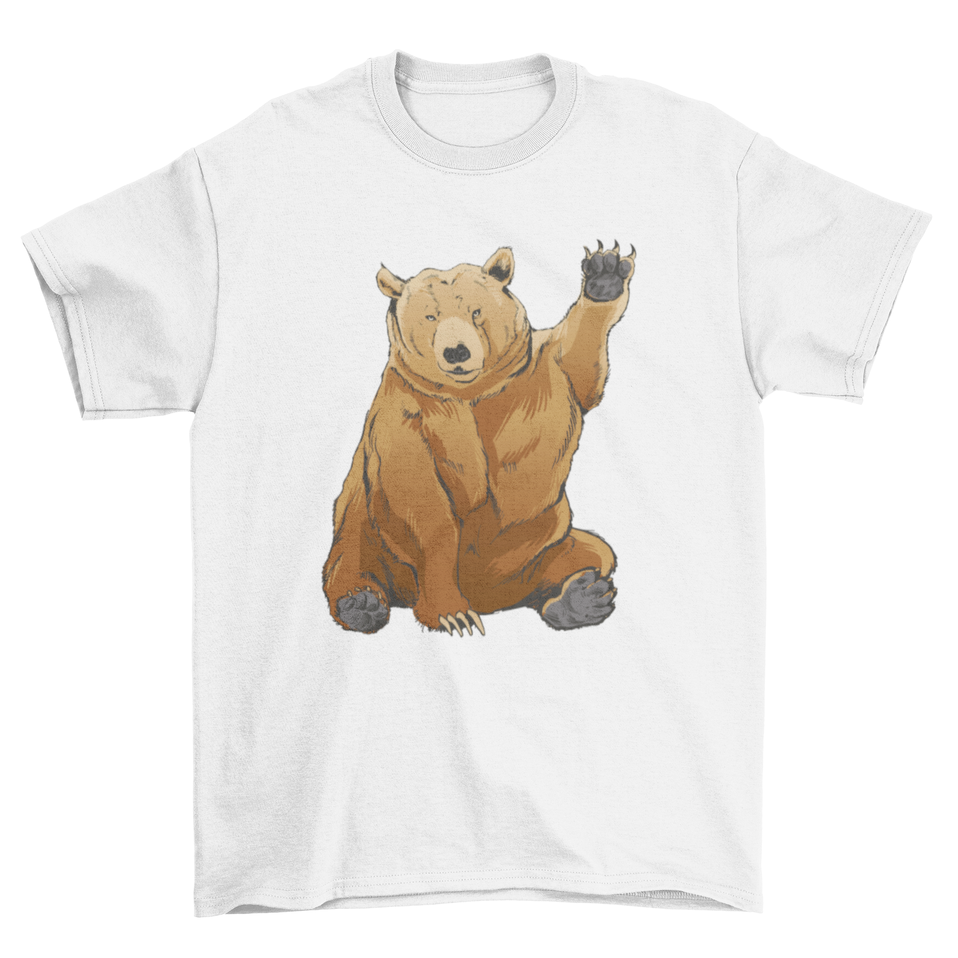 A stylish t-shirt featuring a grizzly bear waving its hand, perfect for wildlife enthusiasts.