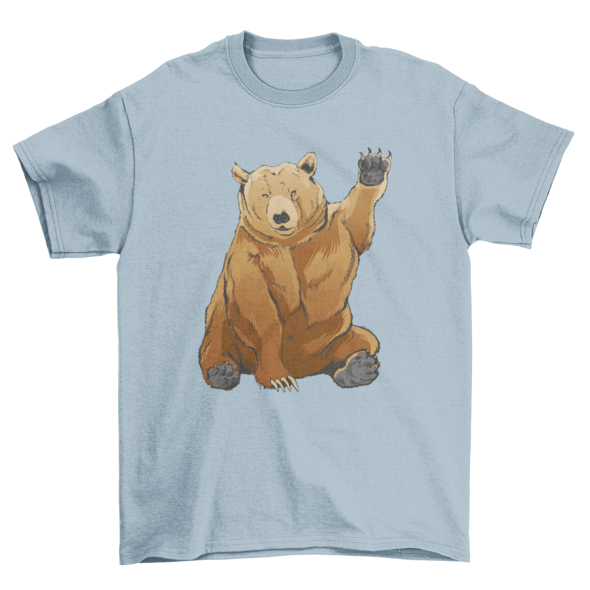 A stylish t-shirt featuring a grizzly bear waving its hand, perfect for wildlife enthusiasts.