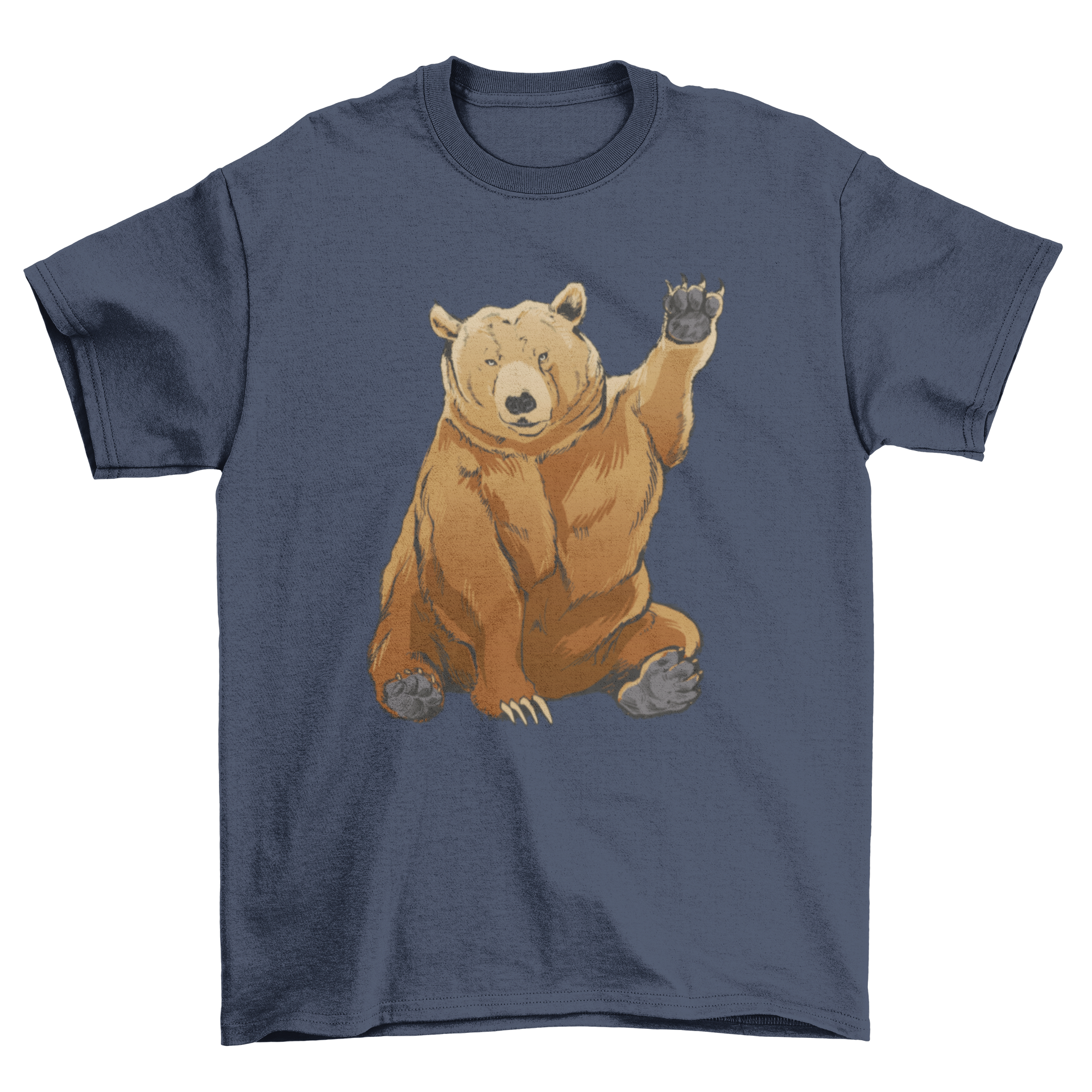 A stylish t-shirt featuring a grizzly bear waving its hand, perfect for wildlife enthusiasts.