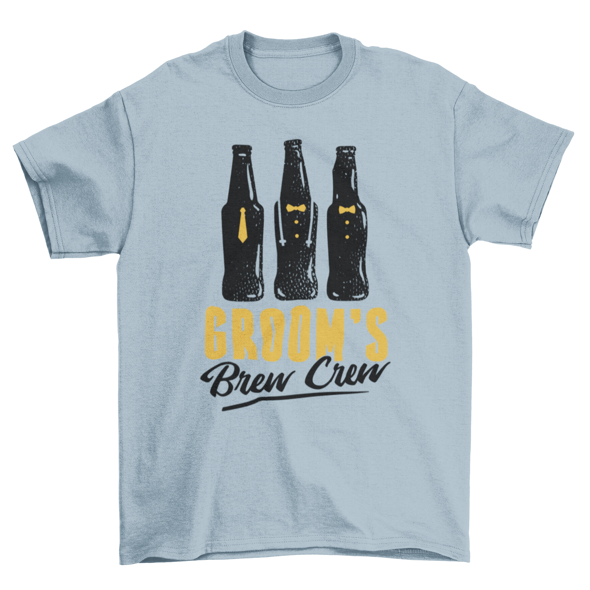 Groom's Brew Crew t-shirt featuring three beer bottles and a fun quote, perfect for groomsmen.