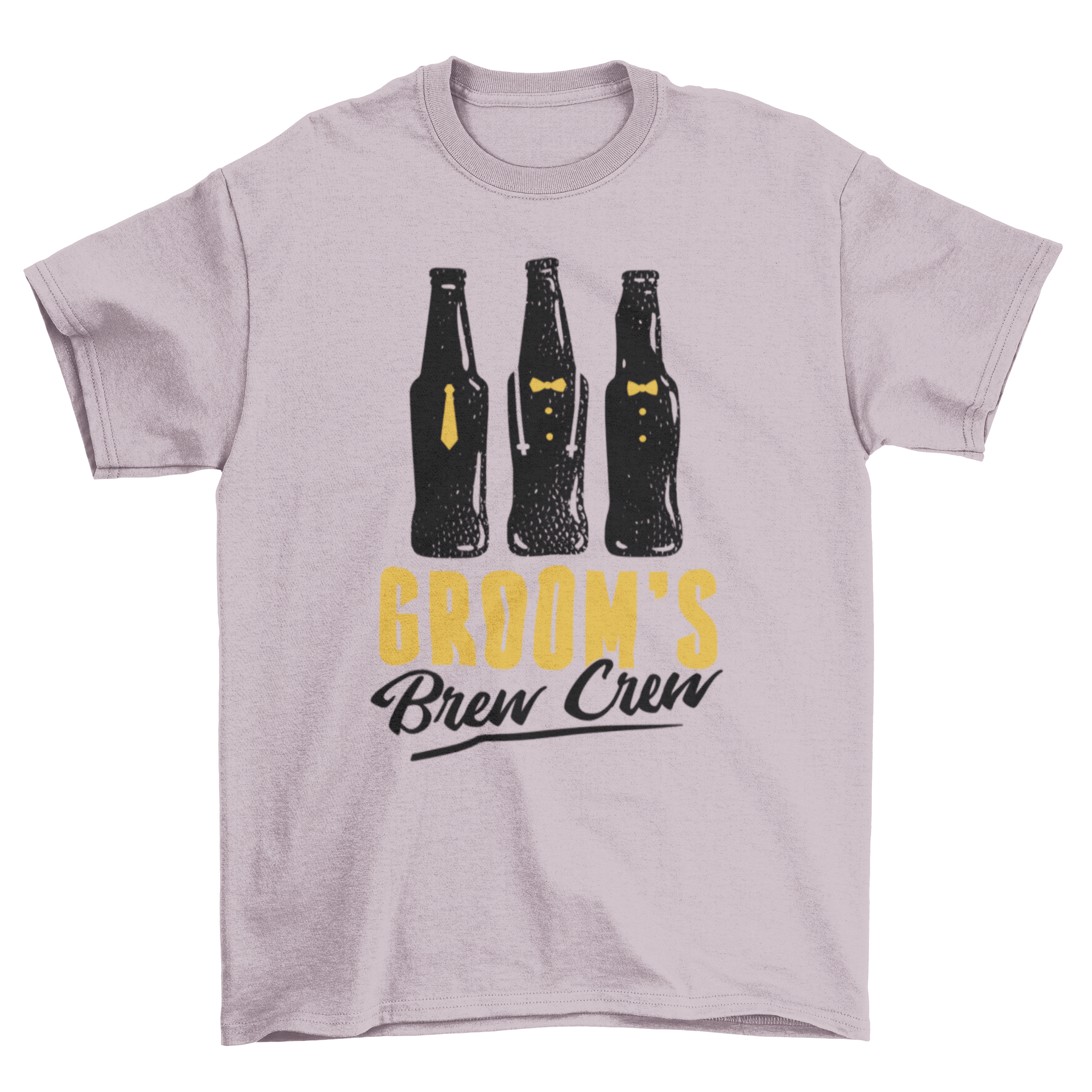 Groom's Brew Crew t-shirt featuring three beer bottles and a fun quote, perfect for groomsmen.