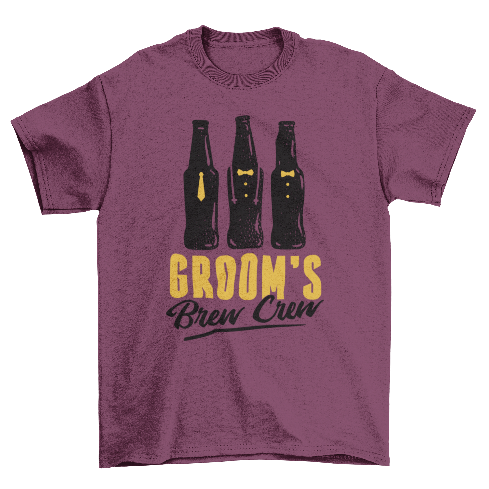 Groom's Brew Crew t-shirt featuring three beer bottles and a fun quote, perfect for groomsmen.