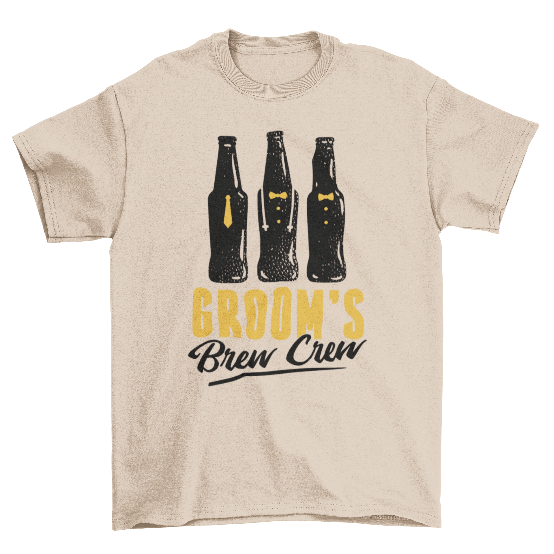 Groom's Brew Crew t-shirt featuring three beer bottles and a fun quote, perfect for groomsmen.