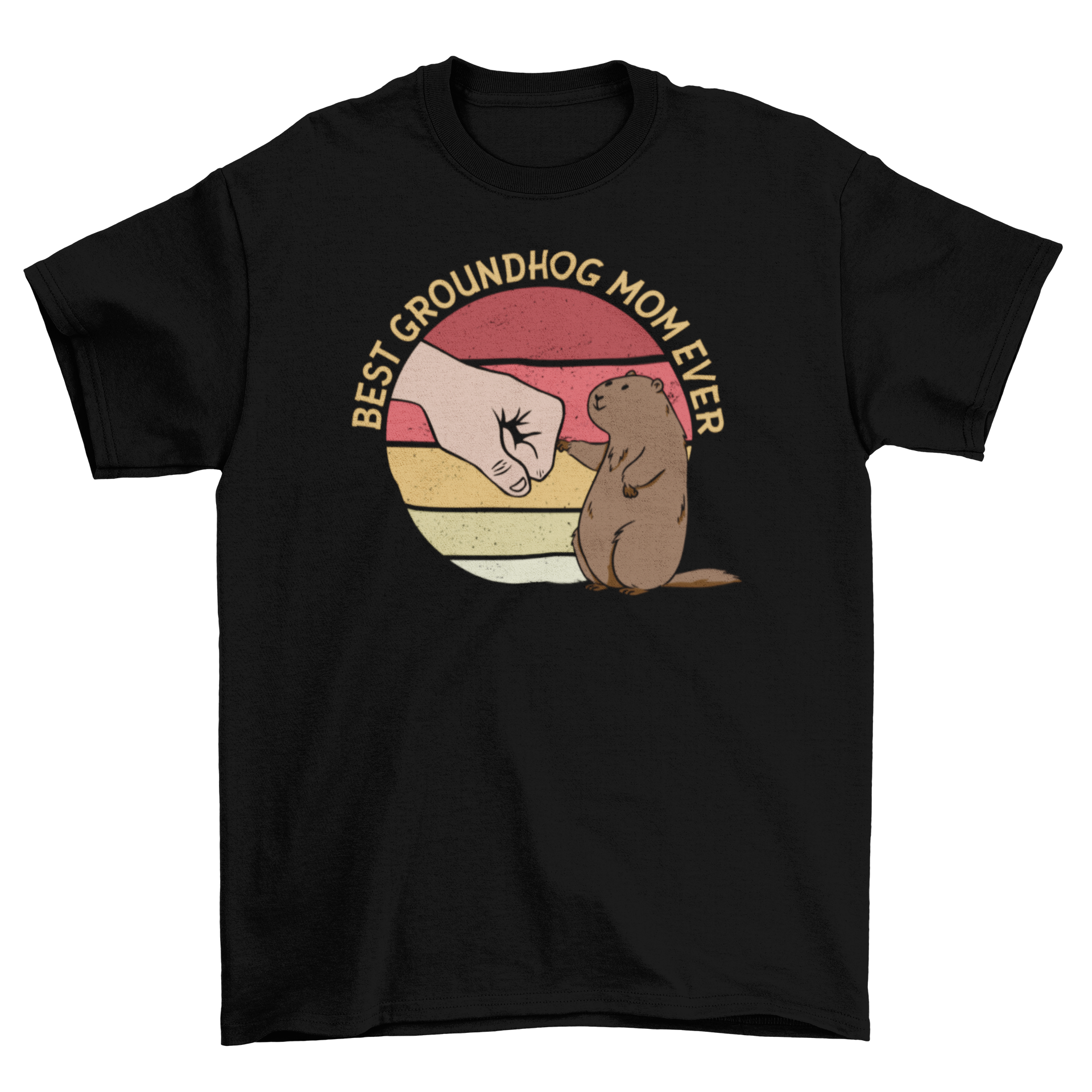 Groundhog mom t-shirt featuring a cute groundhog design with a retro sunset and the text 'Best Groundhog Mom Ever'.