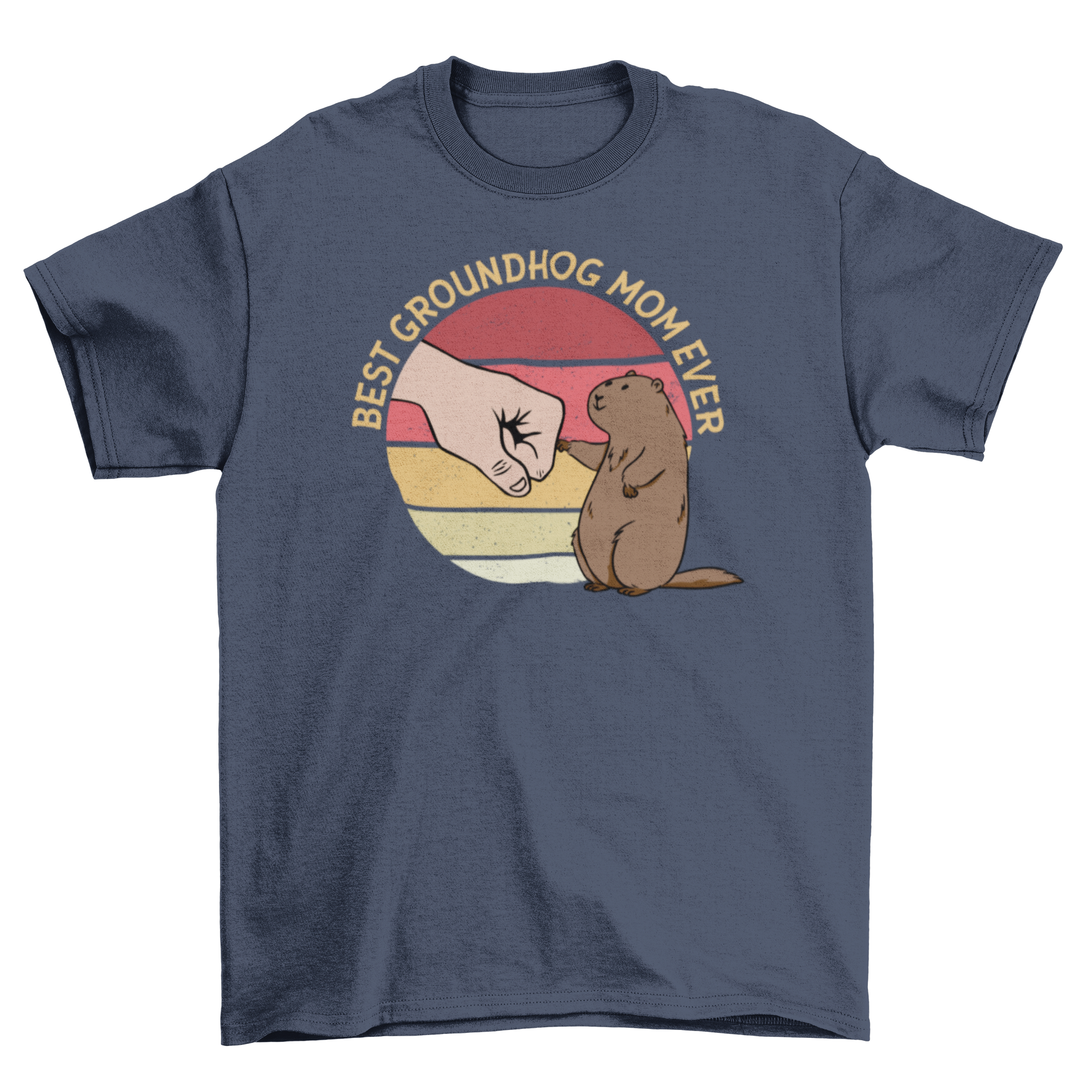 Groundhog mom t-shirt featuring a cute groundhog design with a retro sunset and the text 'Best Groundhog Mom Ever'.