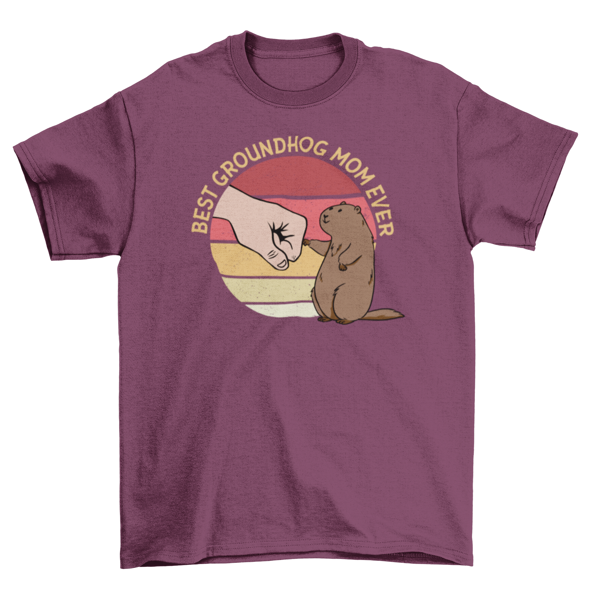 Groundhog mom t-shirt featuring a cute groundhog design with a retro sunset and the text 'Best Groundhog Mom Ever'.