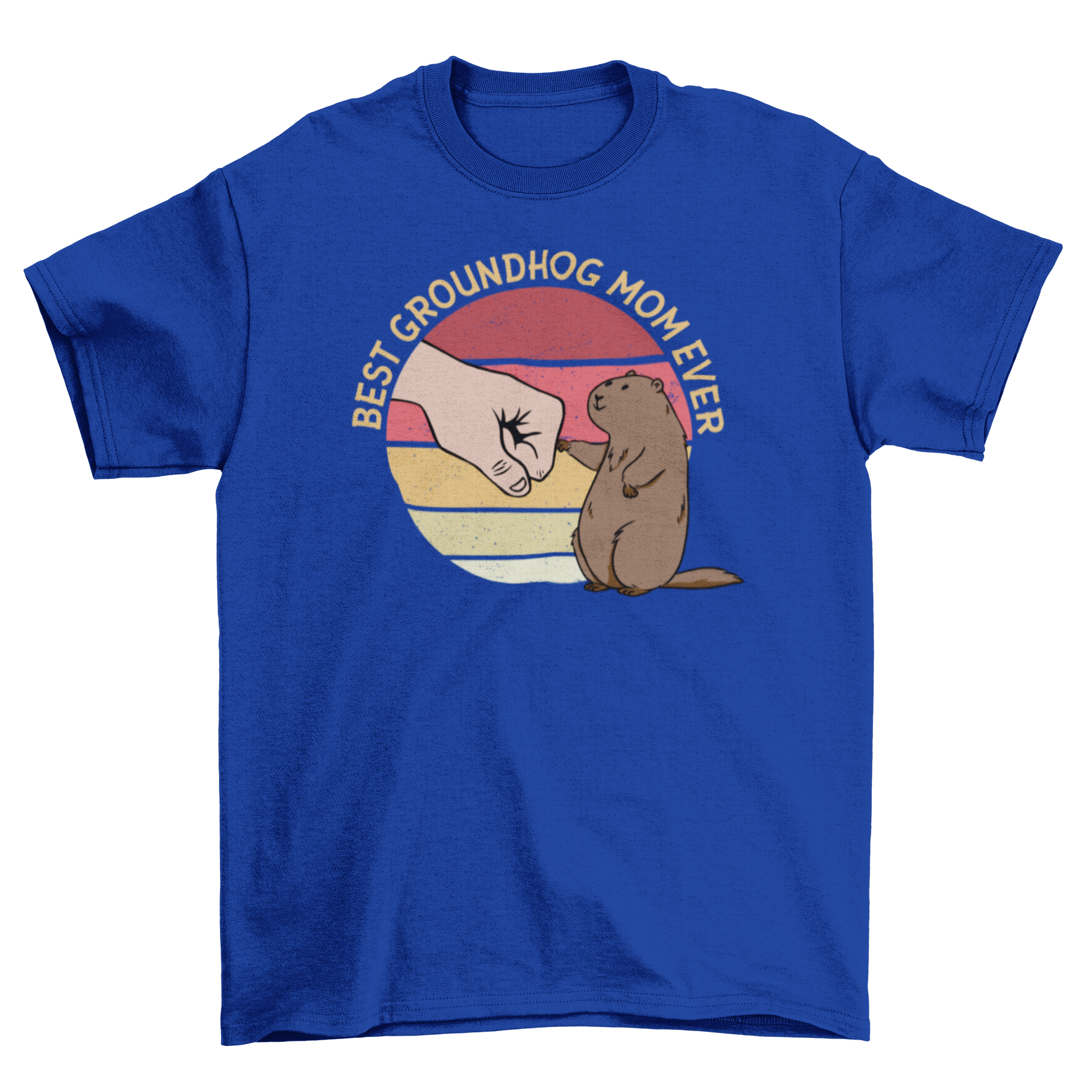 Groundhog mom t-shirt featuring a cute groundhog design with a retro sunset and the text 'Best Groundhog Mom Ever'.