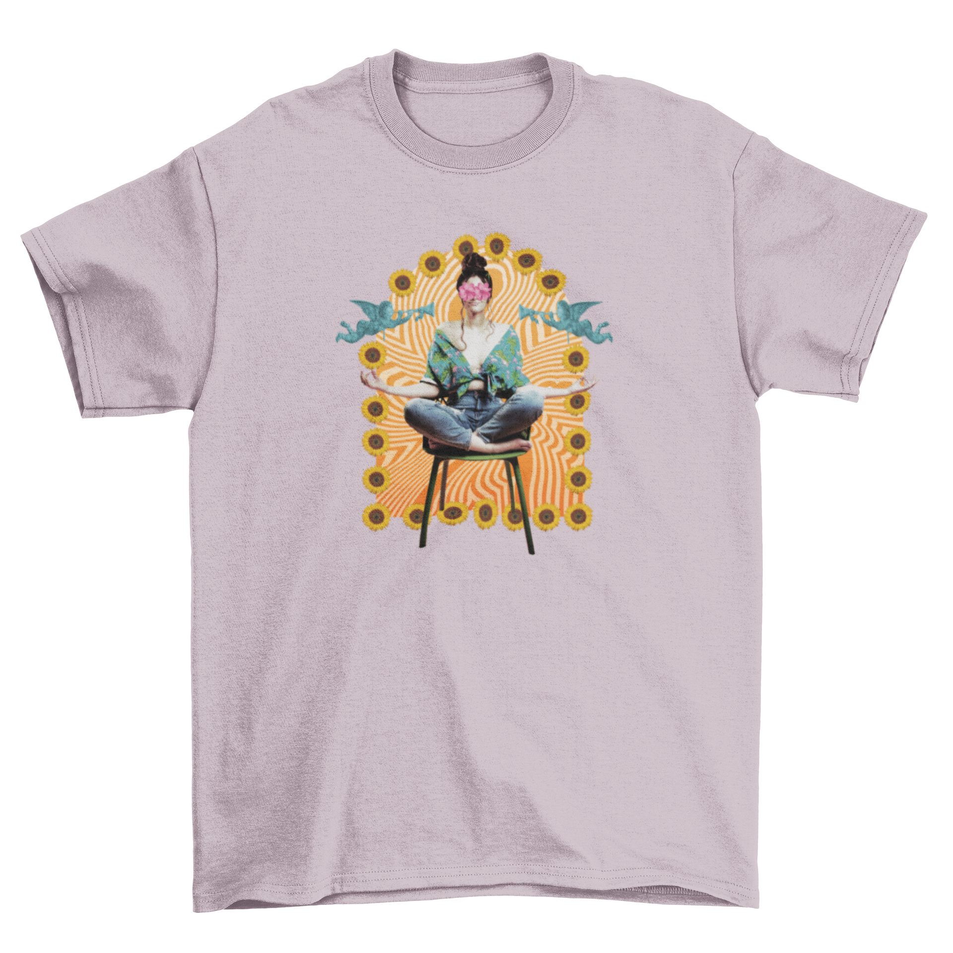 A vibrant t-shirt featuring a girl meditating with a colorful groovy background and sunflowers.