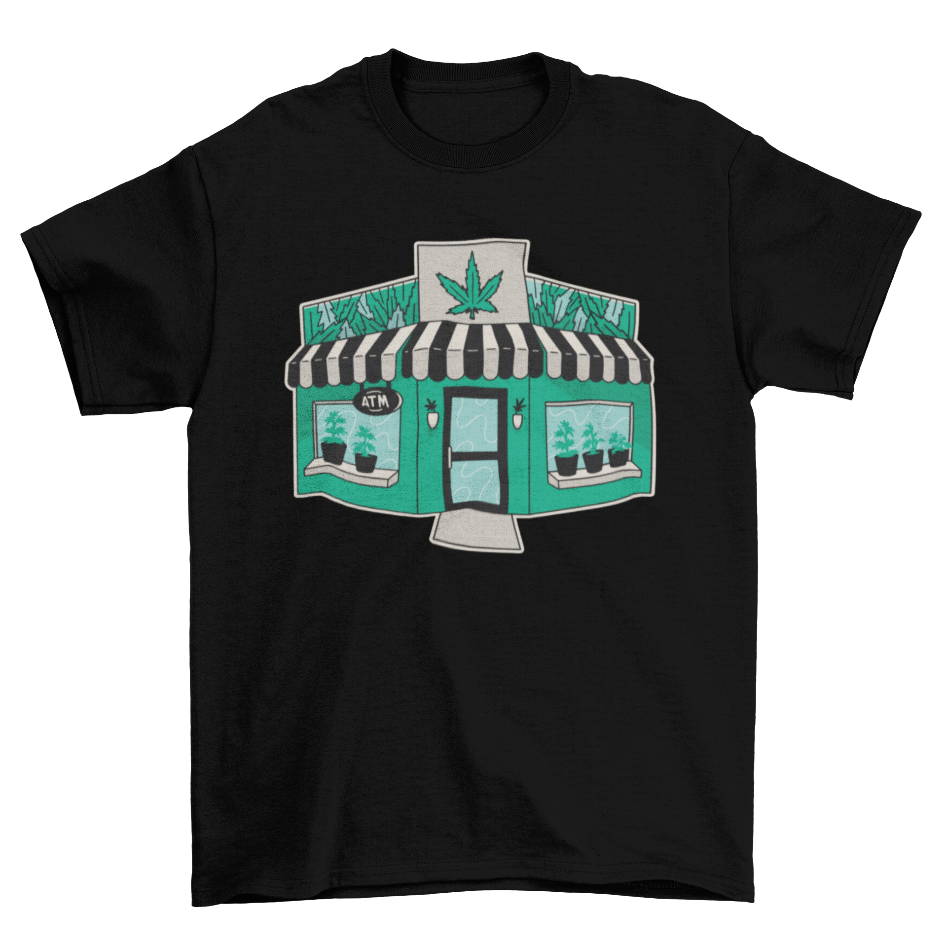 Grow Shop Marijuana T-Shirt featuring a vibrant weed-themed corner store design.