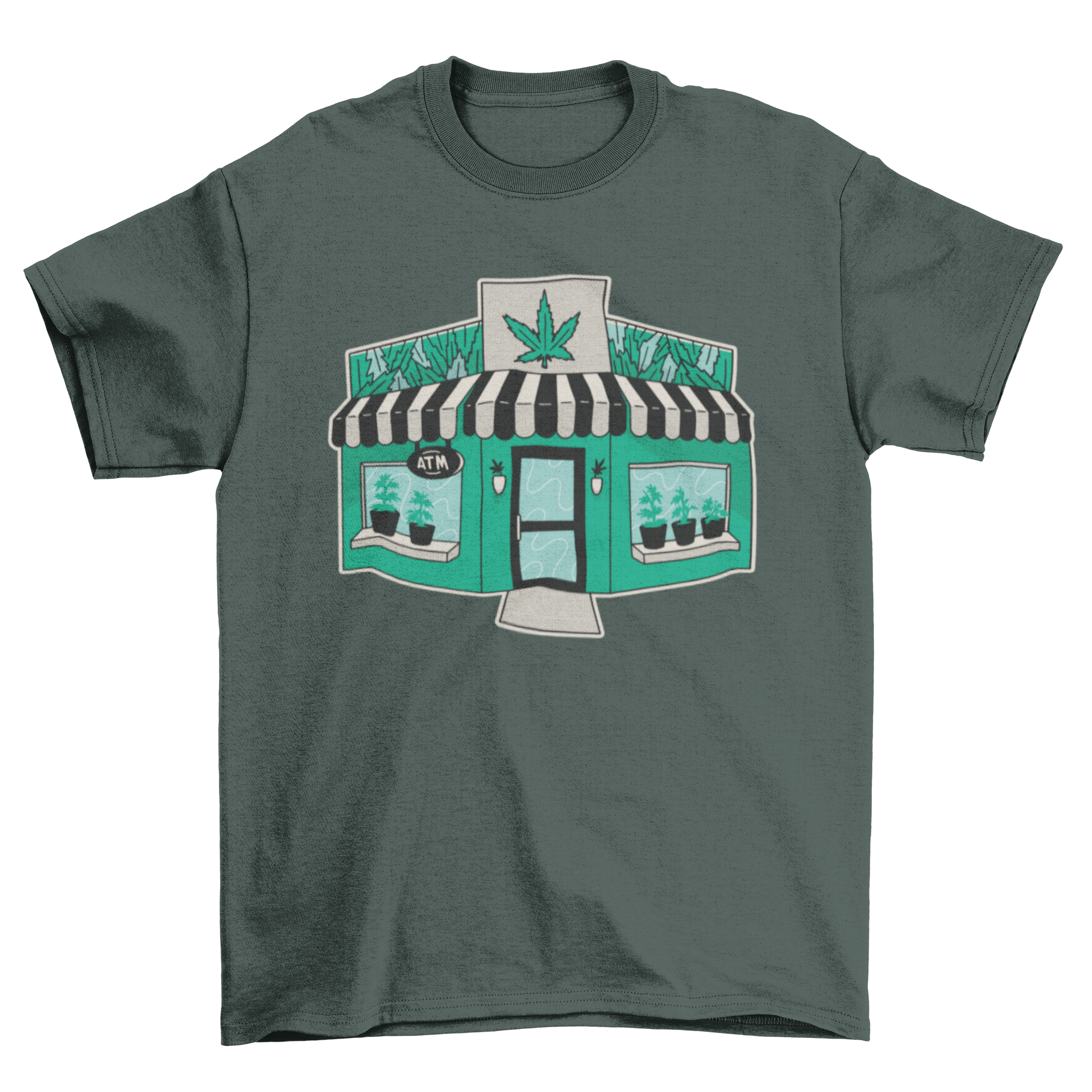 Grow Shop Marijuana T-Shirt featuring a vibrant weed-themed corner store design.