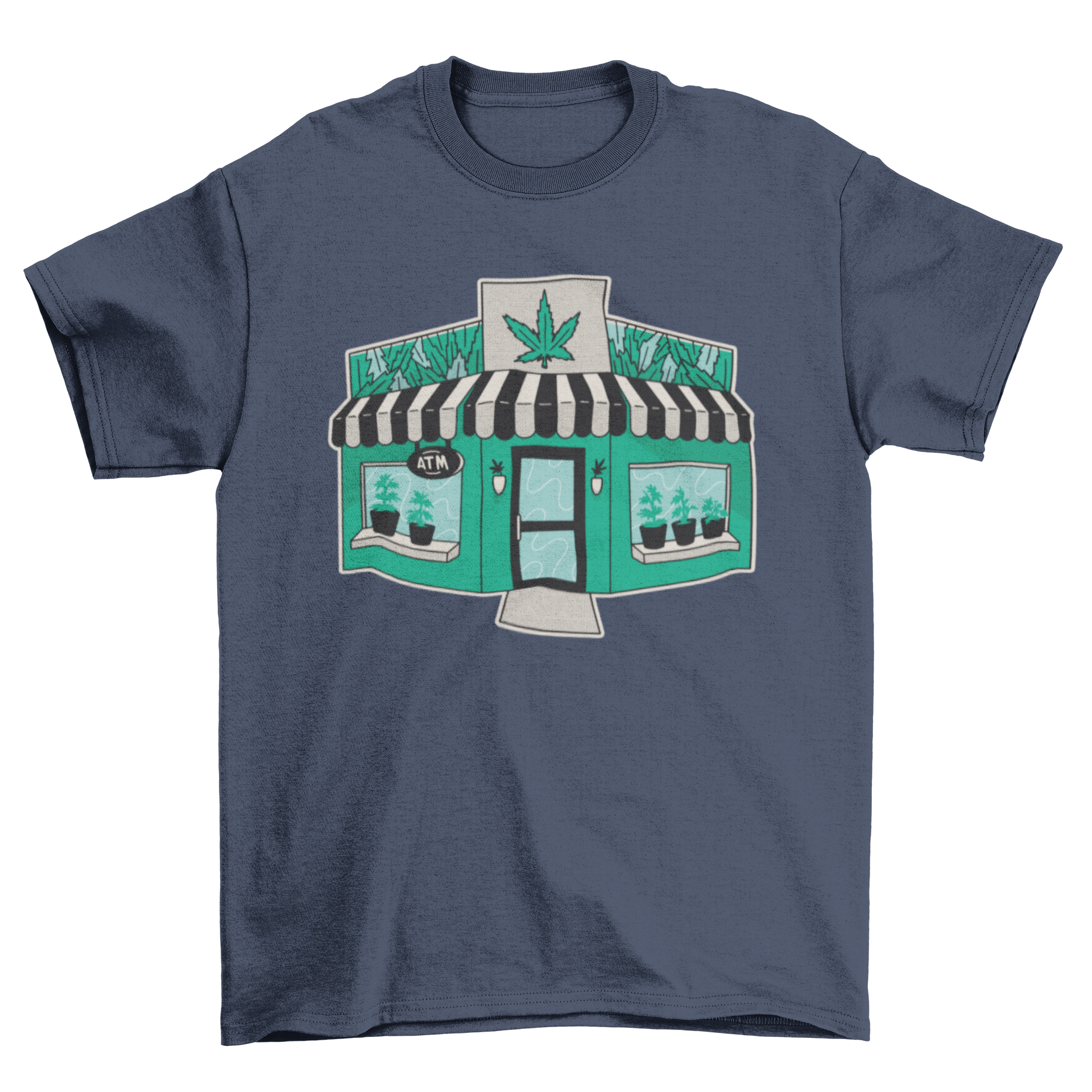 Grow Shop Marijuana T-Shirt featuring a vibrant weed-themed corner store design.