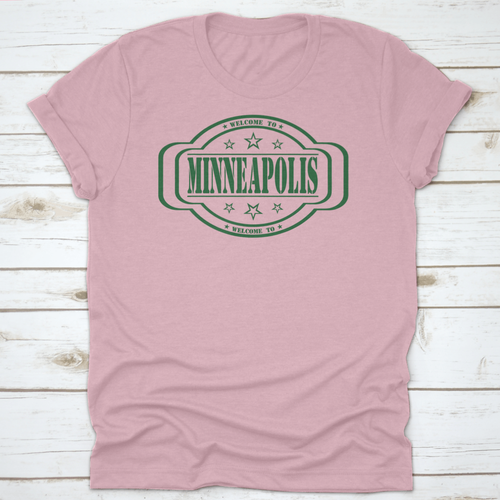 Grunge Stamp 'Welcome To Minneapolis' t-shirt design on a white background, showcasing a stylish and comfortable cotton tee.