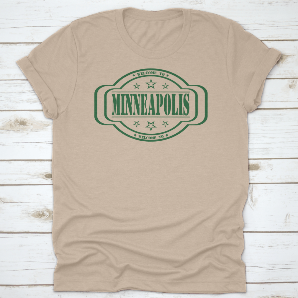 Grunge Stamp 'Welcome To Minneapolis' t-shirt design on a white background, showcasing a stylish and comfortable cotton tee.