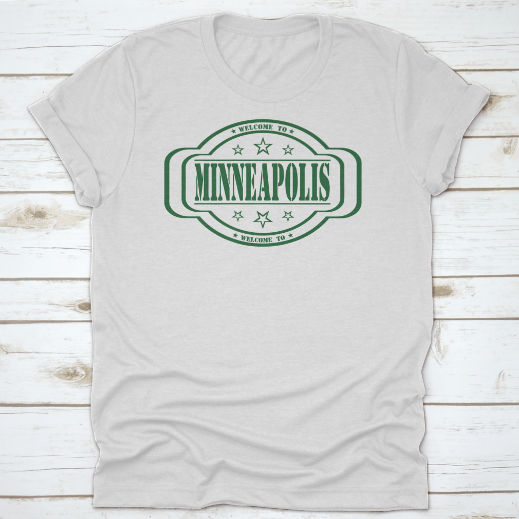 Grunge Stamp 'Welcome To Minneapolis' t-shirt design on a white background, showcasing a stylish and comfortable cotton tee.