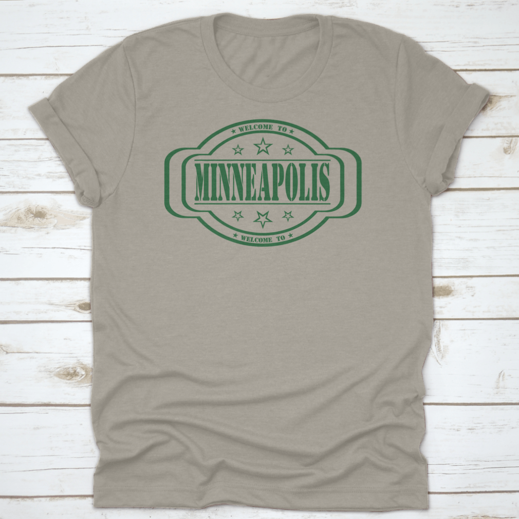 Grunge Stamp 'Welcome To Minneapolis' t-shirt design on a white background, showcasing a stylish and comfortable cotton tee.