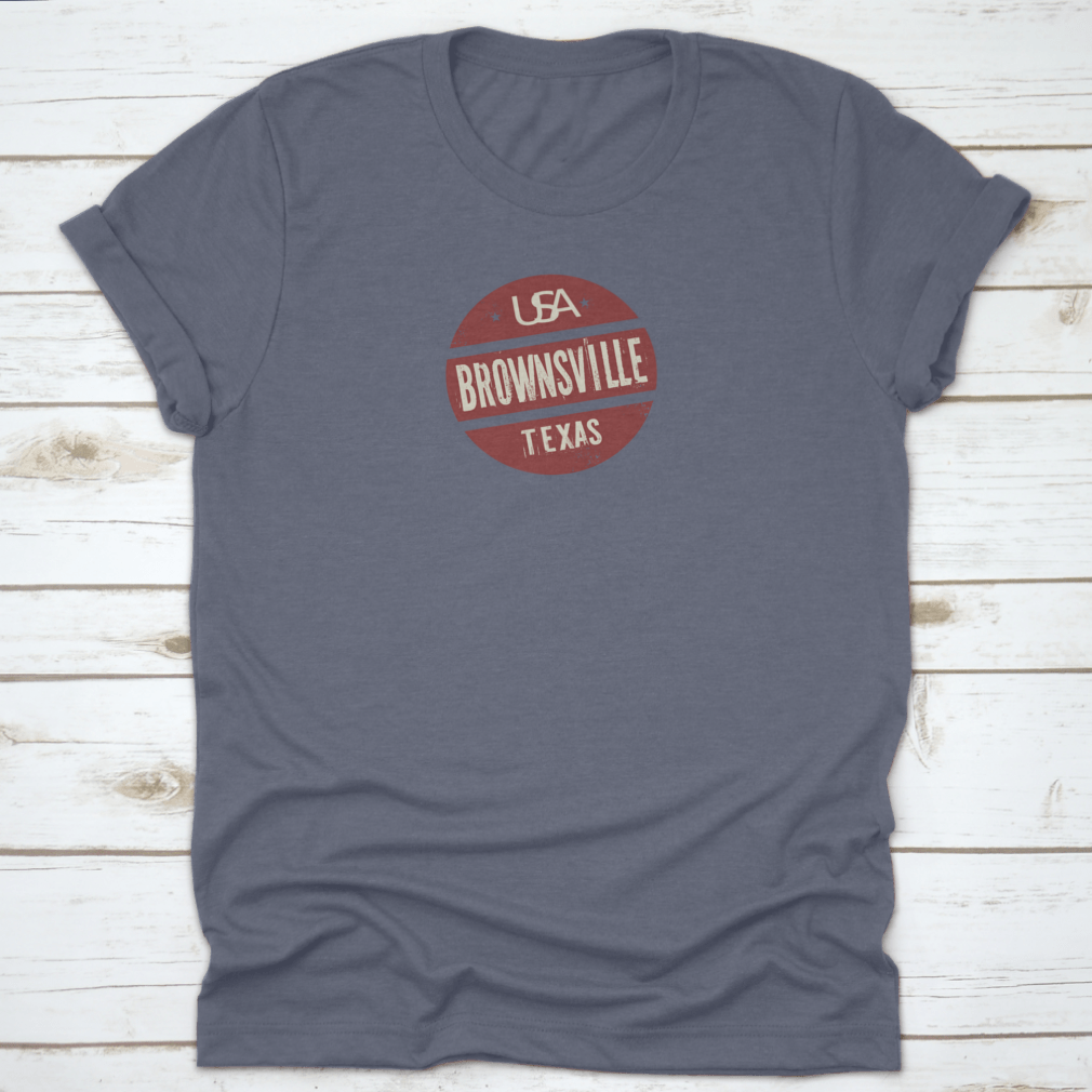 Grunge Vintage Round Stamp shirt featuring Brownsville, Texas design, showcasing a classic fit and high-quality fabric.