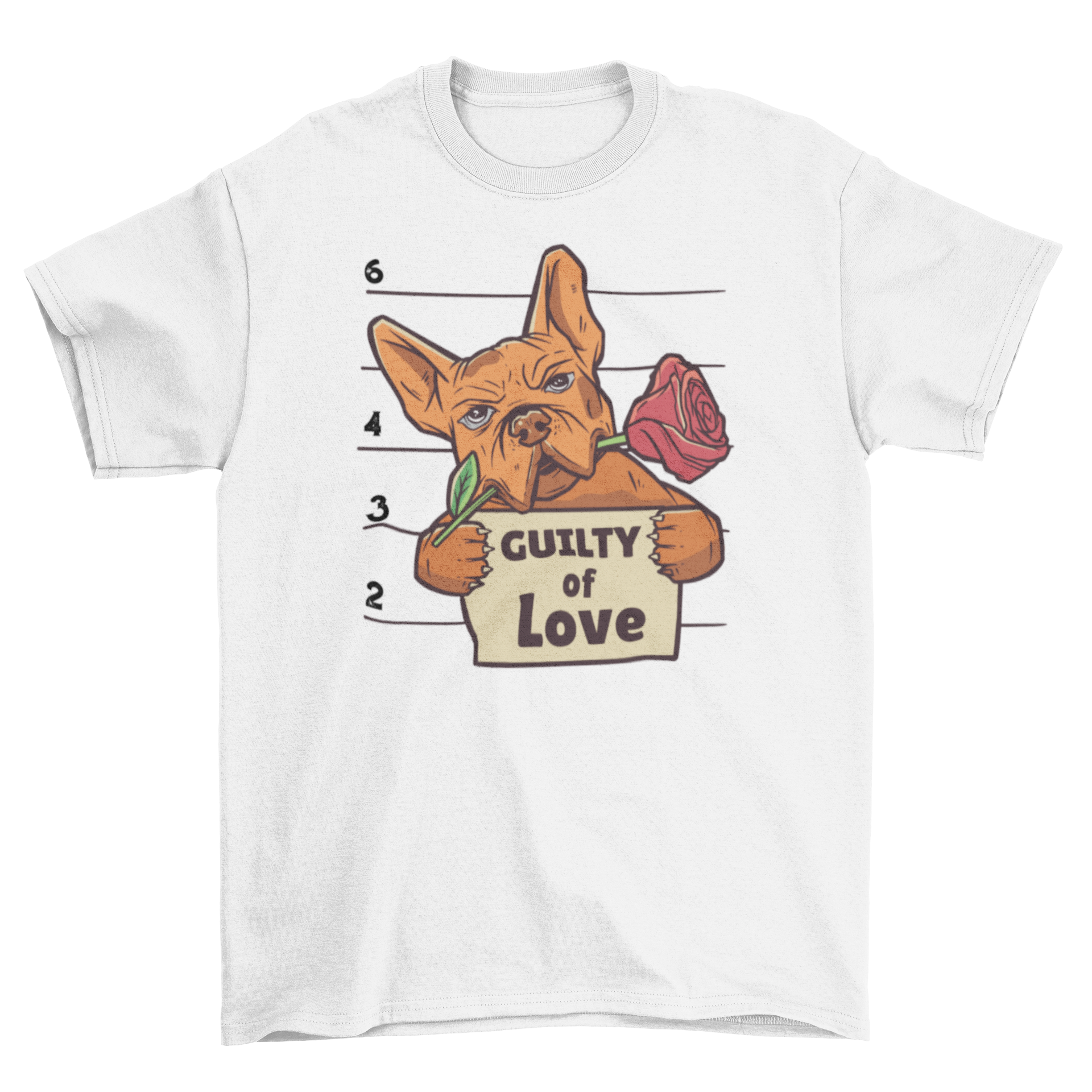 Guilty of Love t-shirt featuring a bulldog mugshot with a sign.