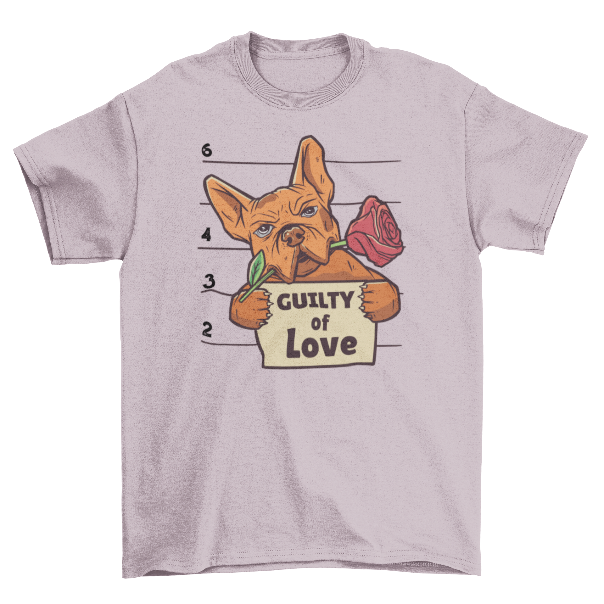 Guilty of Love t-shirt featuring a bulldog mugshot with a sign.