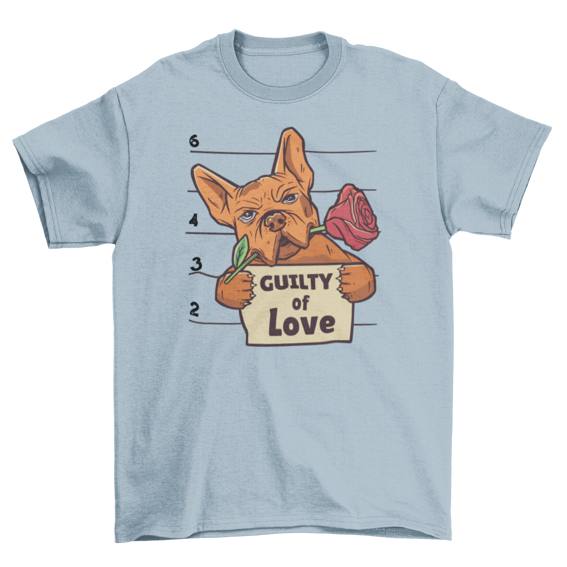 Guilty of Love t-shirt featuring a bulldog mugshot with a sign.