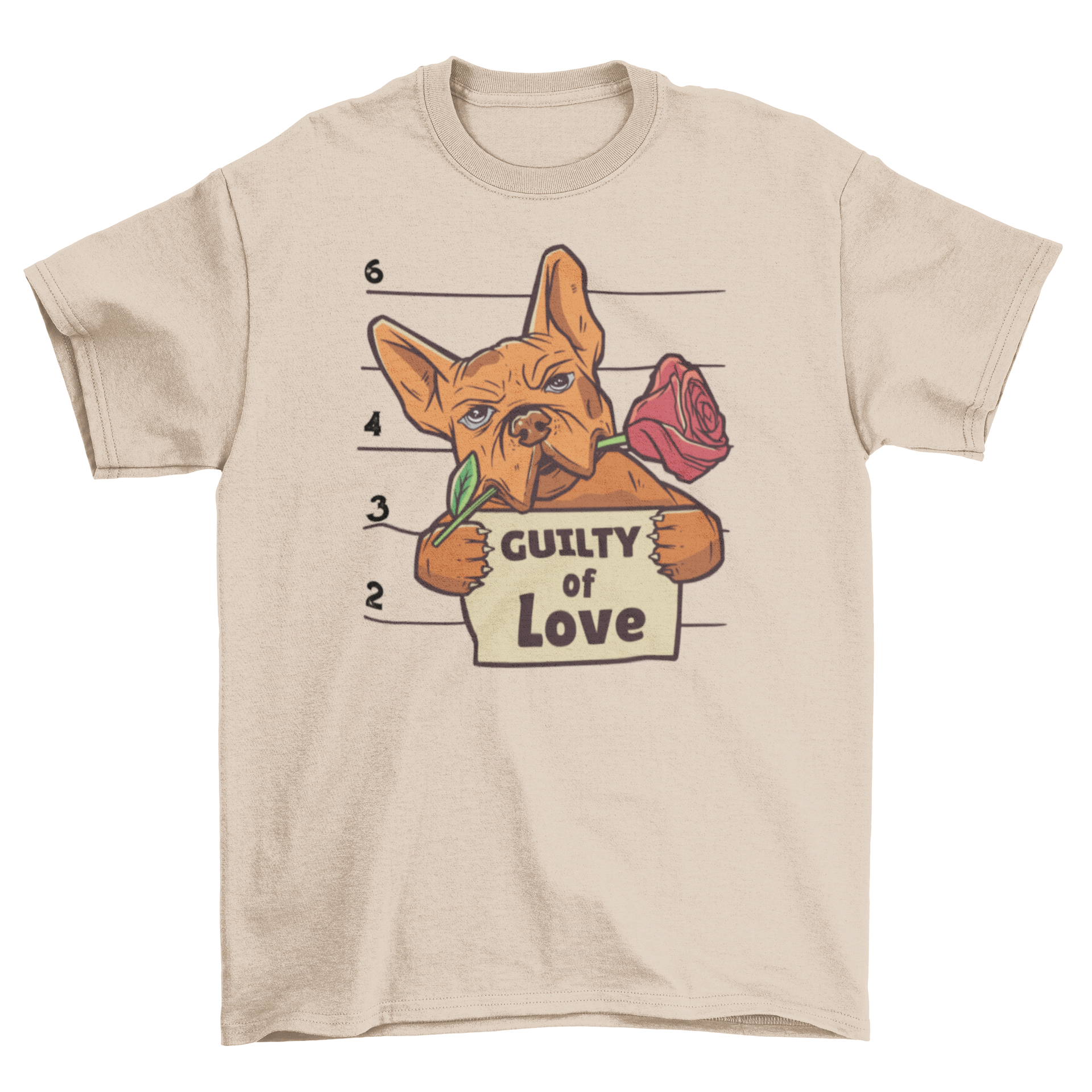 Guilty of Love t-shirt featuring a bulldog mugshot with a sign.