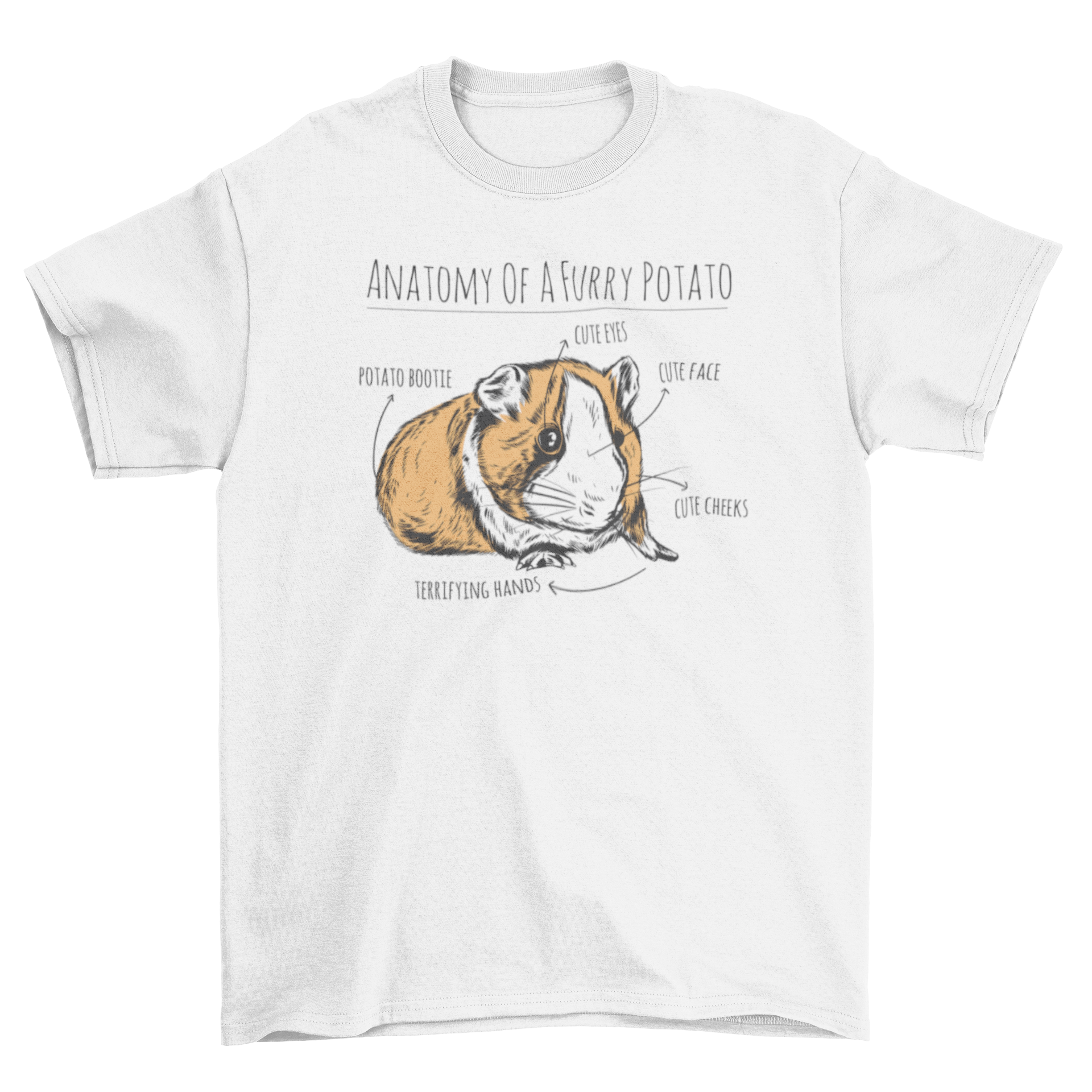 A humorous t-shirt featuring a hand-drawn guinea pig labeled 'Anatomy of a furry potato' with arrows pointing to its body parts.