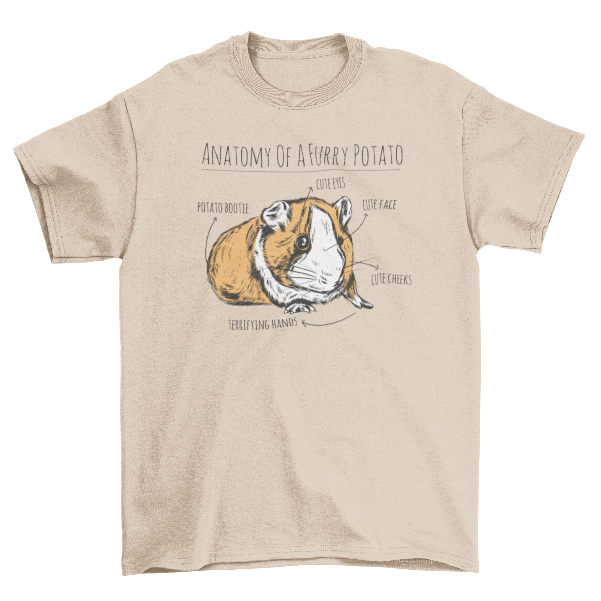 A humorous t-shirt featuring a hand-drawn guinea pig labeled 'Anatomy of a furry potato' with arrows pointing to its body parts.