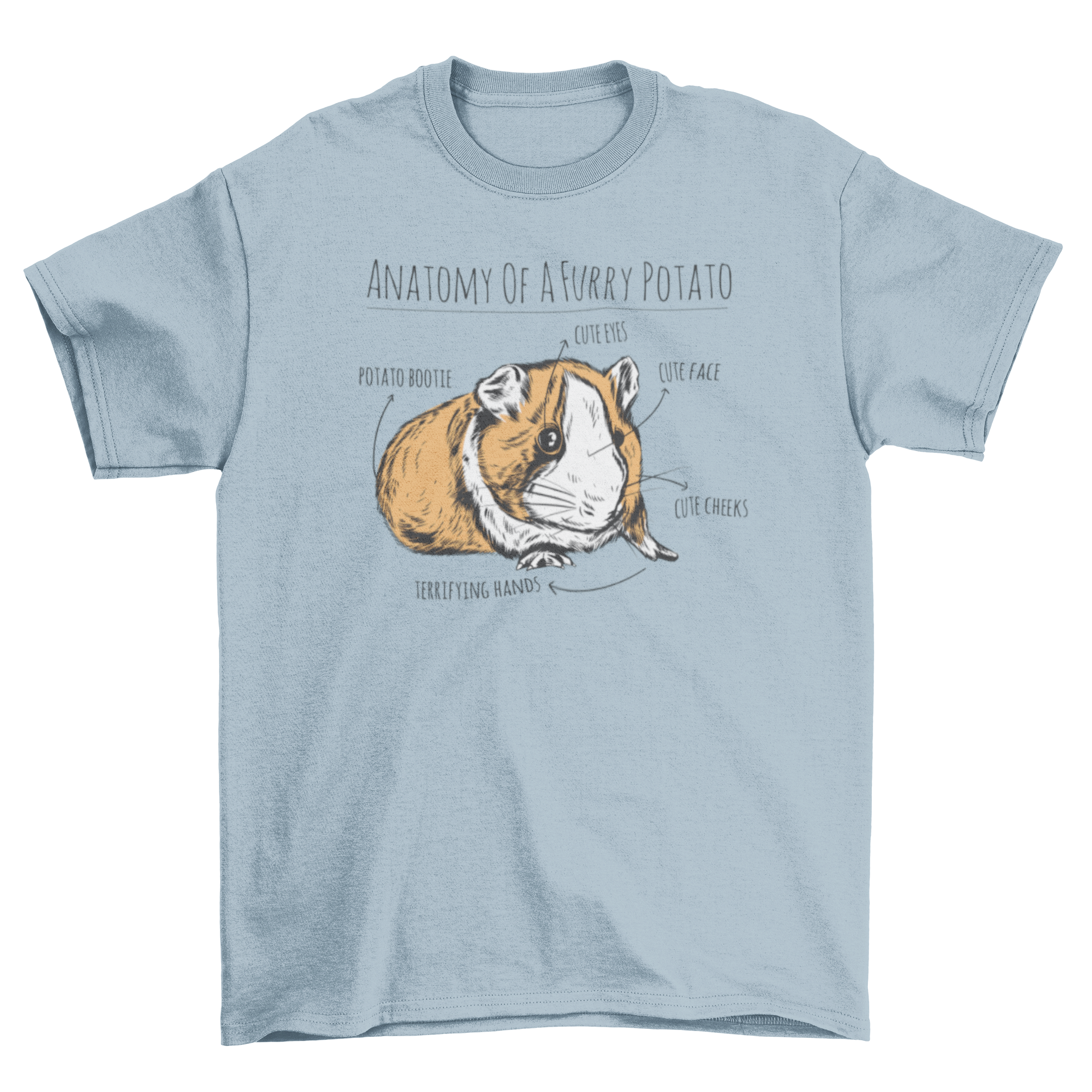 A humorous t-shirt featuring a hand-drawn guinea pig labeled 'Anatomy of a furry potato' with arrows pointing to its body parts.