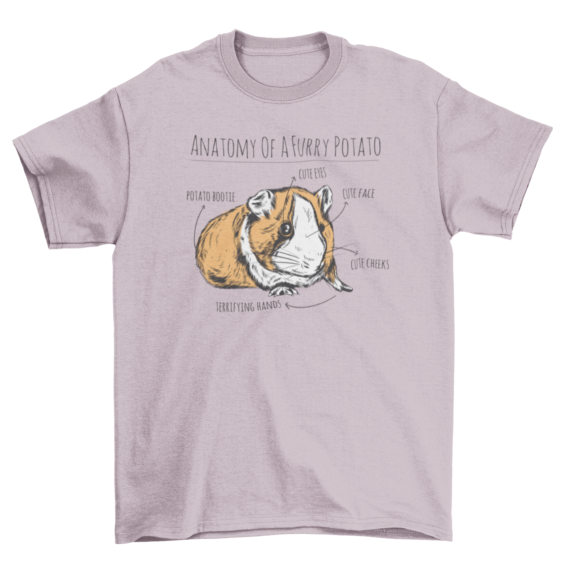 A humorous t-shirt featuring a hand-drawn guinea pig labeled 'Anatomy of a furry potato' with arrows pointing to its body parts.