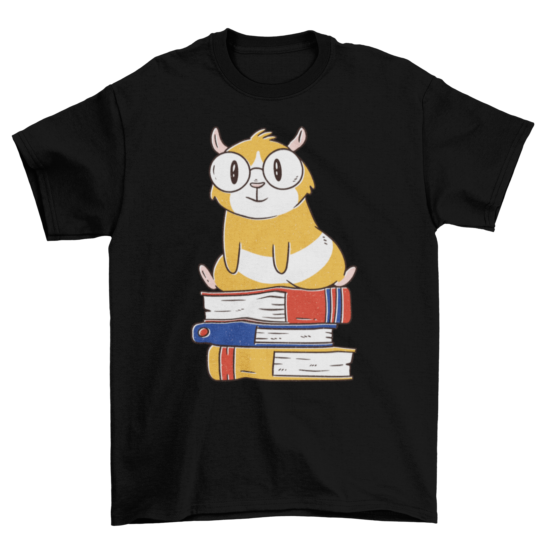 A cute t-shirt featuring a guinea pig sitting on a colorful stack of books, perfect for animal lovers and book enthusiasts.