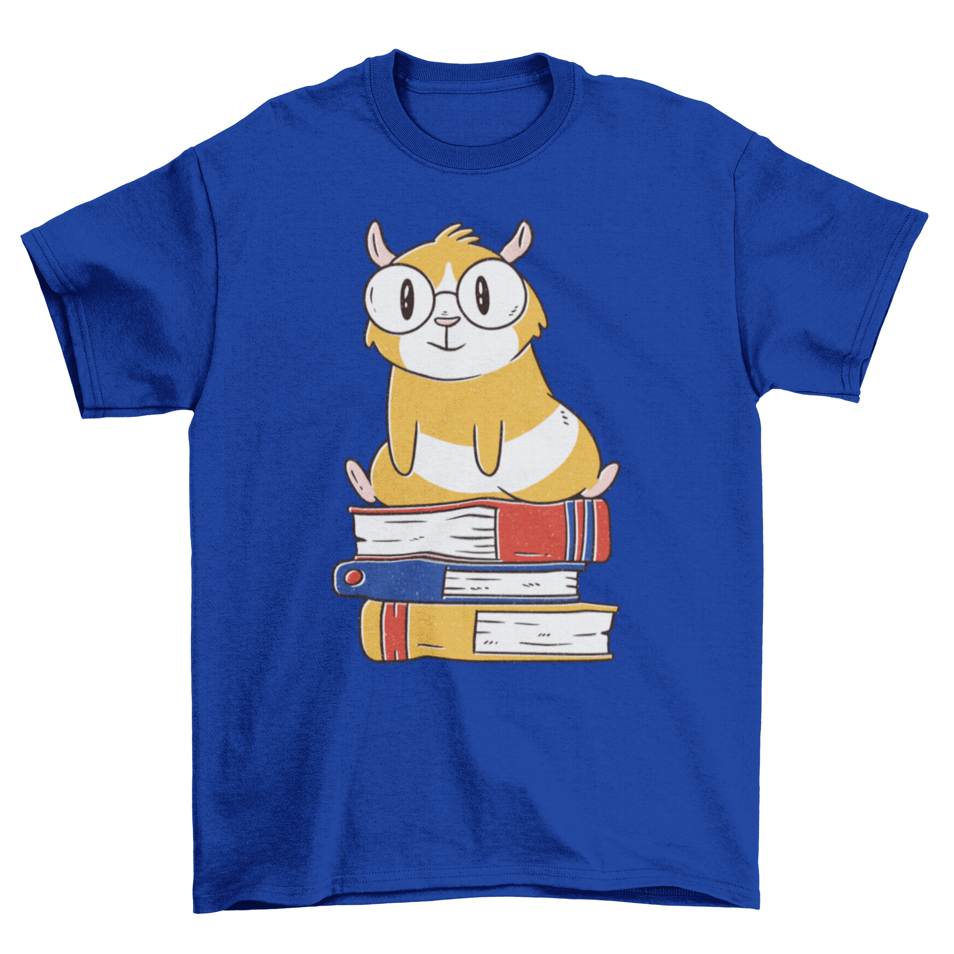 A cute t-shirt featuring a guinea pig sitting on a colorful stack of books, perfect for animal lovers and book enthusiasts.