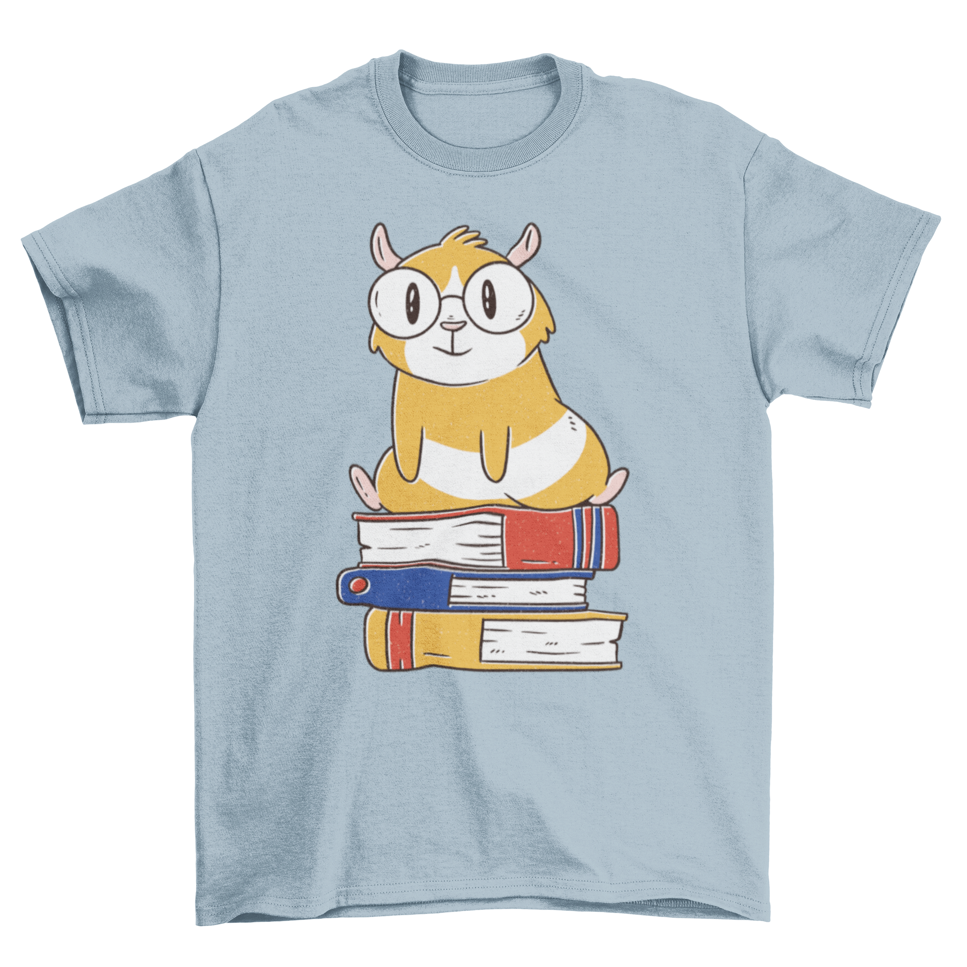 A cute t-shirt featuring a guinea pig sitting on a colorful stack of books, perfect for animal lovers and book enthusiasts.