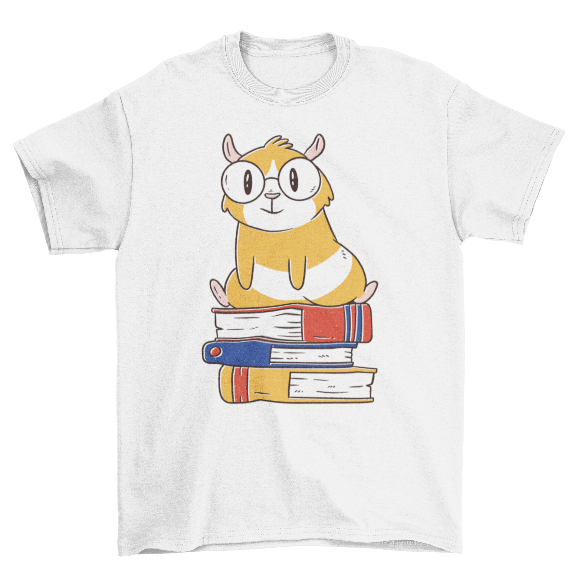 A cute t-shirt featuring a guinea pig sitting on a colorful stack of books, perfect for animal lovers and book enthusiasts.