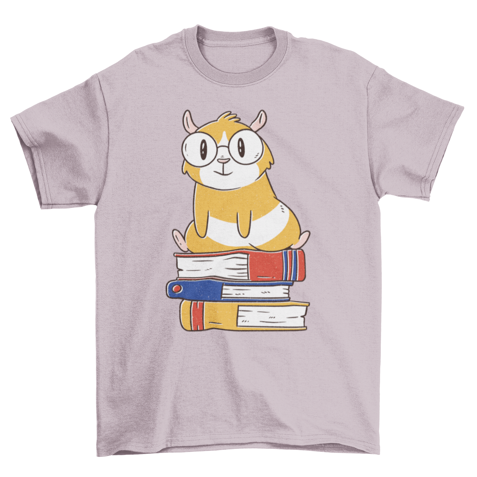 A cute t-shirt featuring a guinea pig sitting on a colorful stack of books, perfect for animal lovers and book enthusiasts.