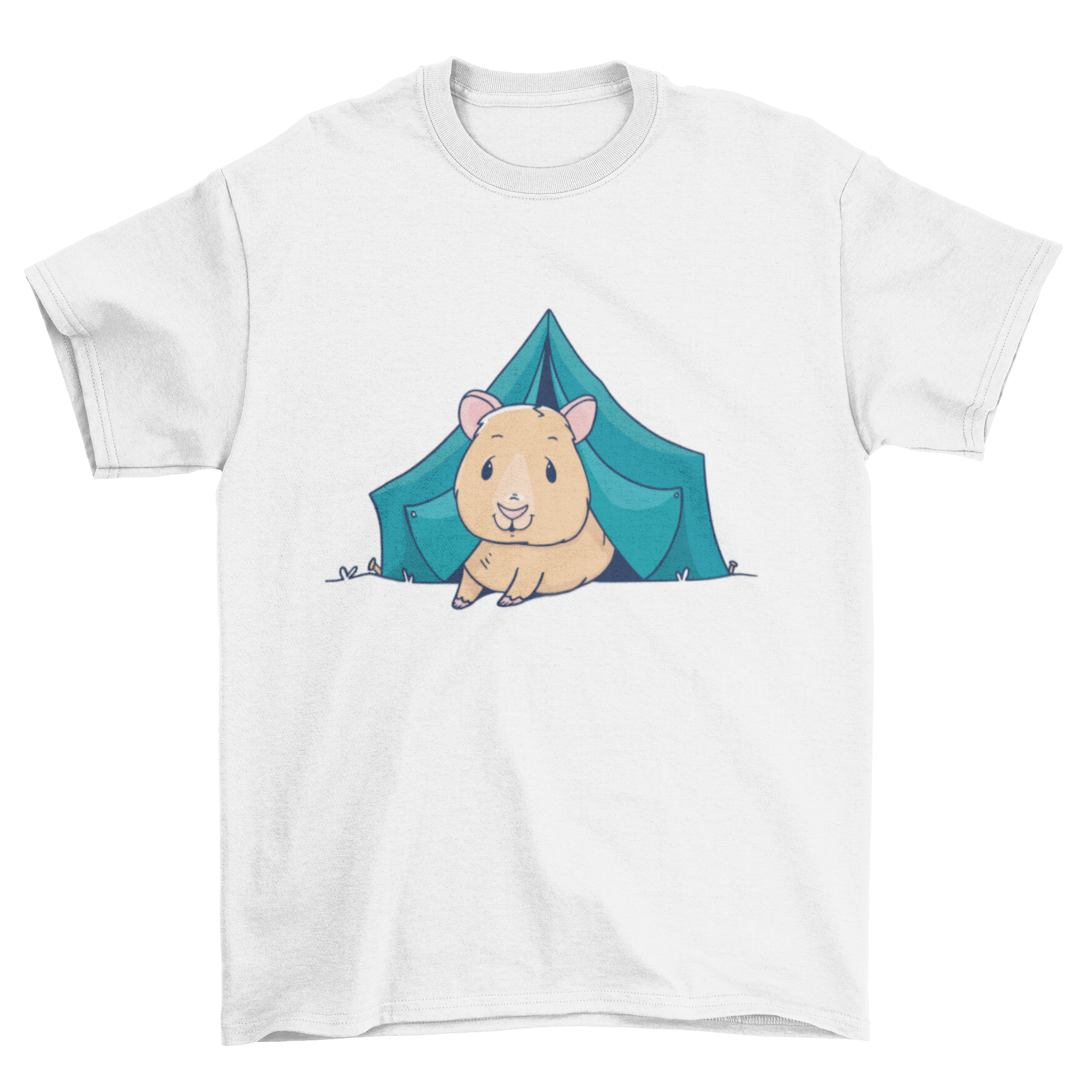 A whimsical t-shirt featuring a guinea pig camping in a tent, showcasing a fun outdoor theme.