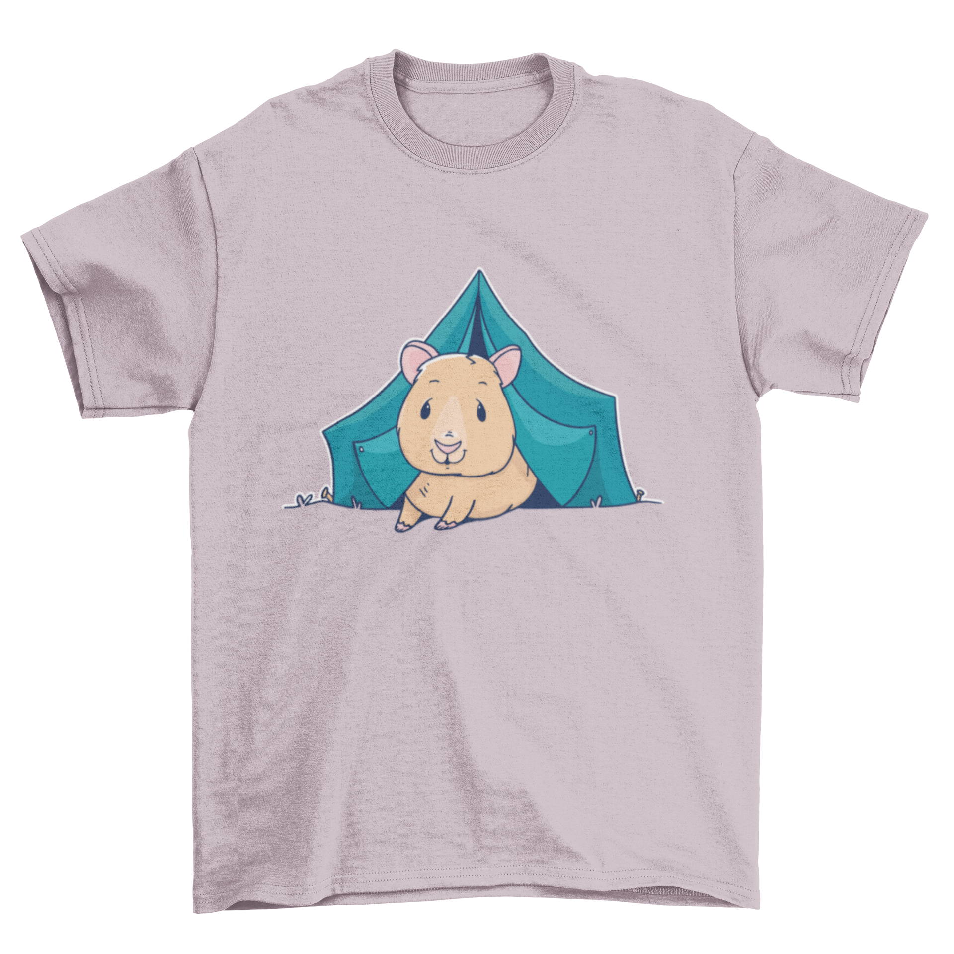 A whimsical t-shirt featuring a guinea pig camping in a tent, showcasing a fun outdoor theme.