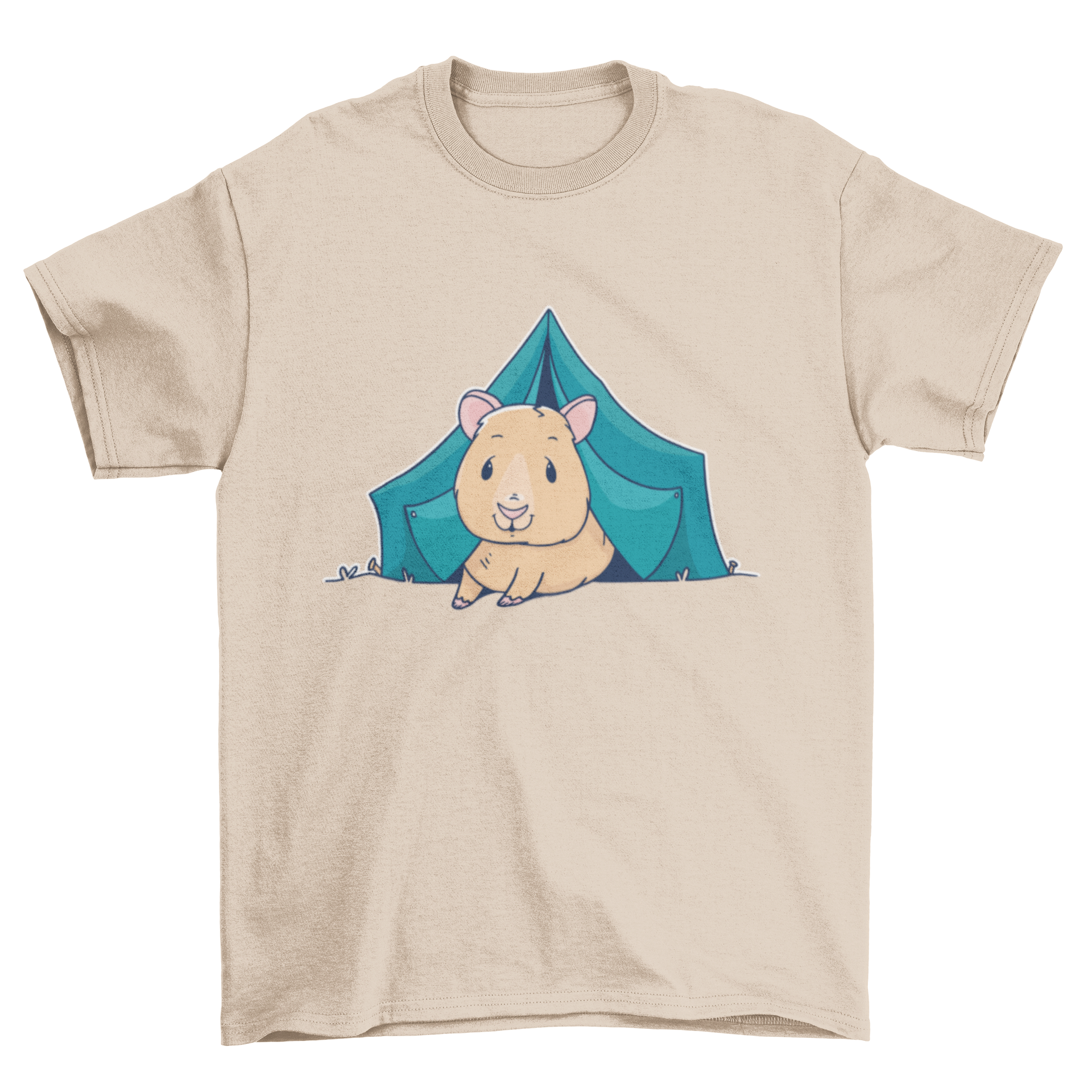 A whimsical t-shirt featuring a guinea pig camping in a tent, showcasing a fun outdoor theme.