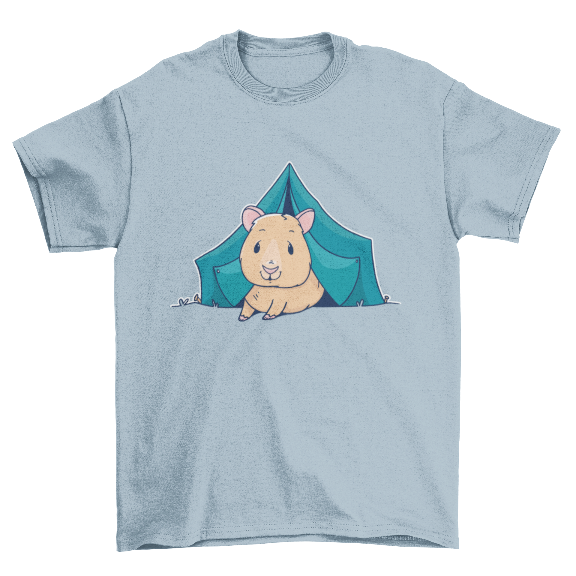 A whimsical t-shirt featuring a guinea pig camping in a tent, showcasing a fun outdoor theme.