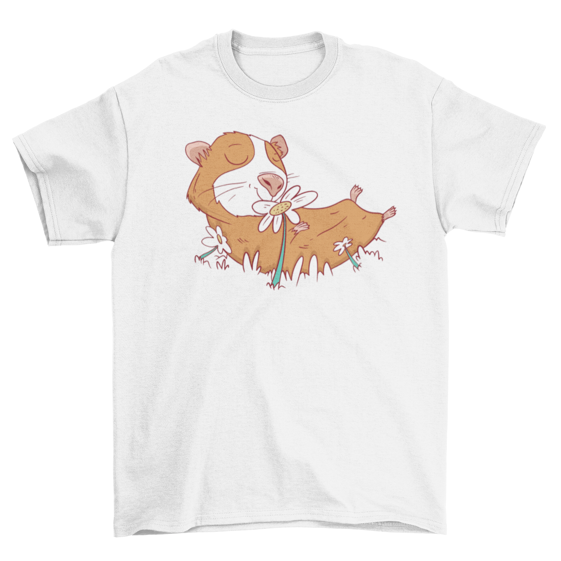 A cute guinea pig smelling colorful spring flowers on a t-shirt.