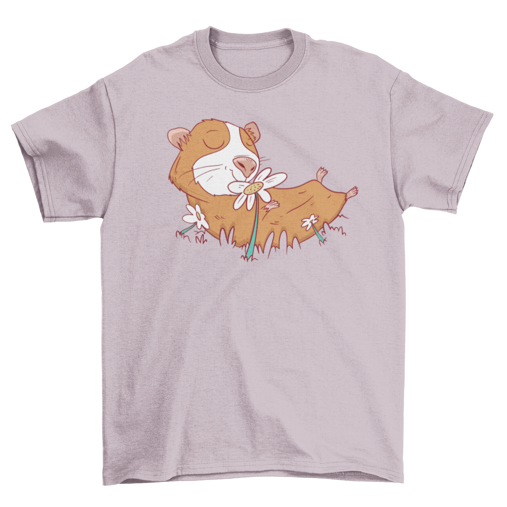 A cute guinea pig smelling colorful spring flowers on a t-shirt.