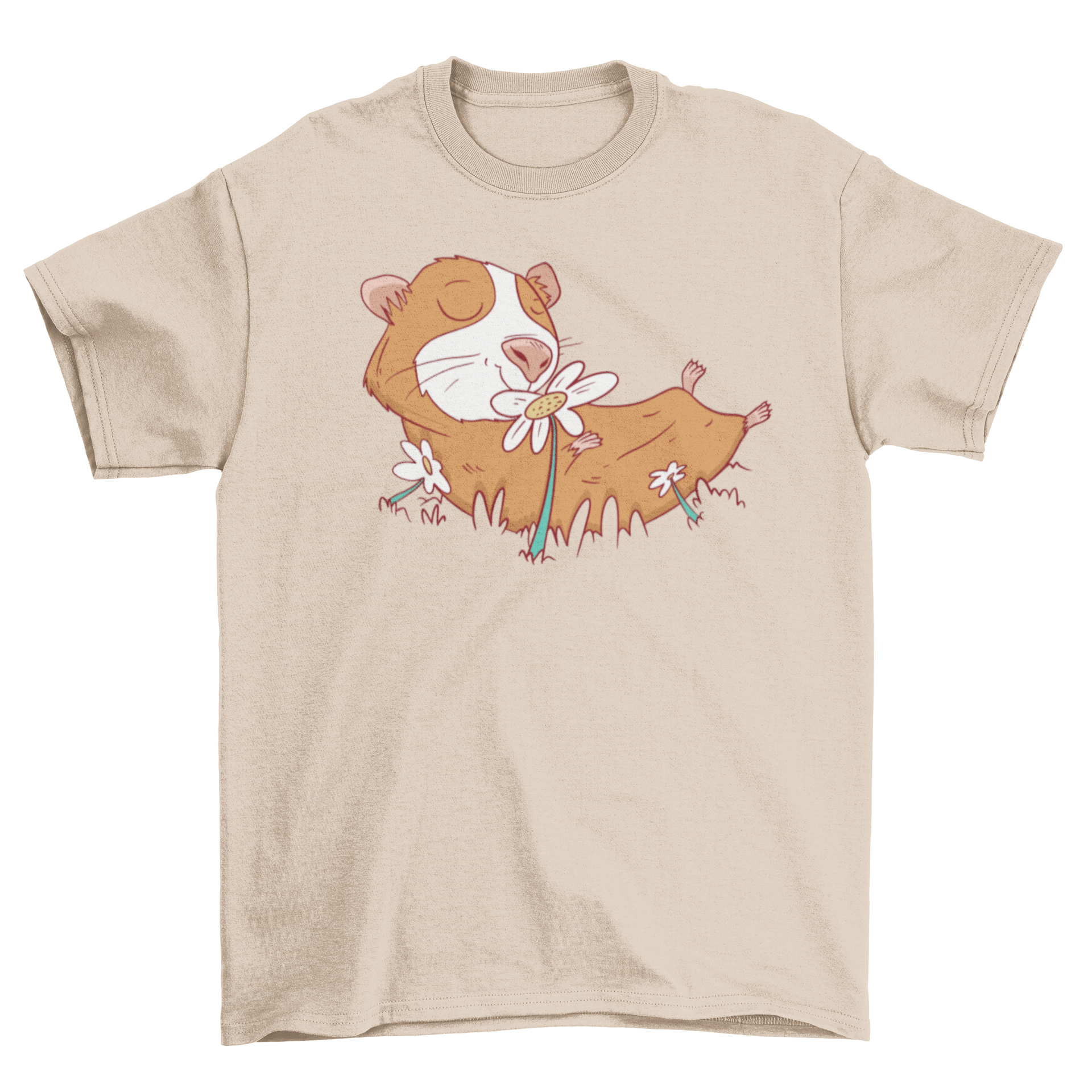 A cute guinea pig smelling colorful spring flowers on a t-shirt.