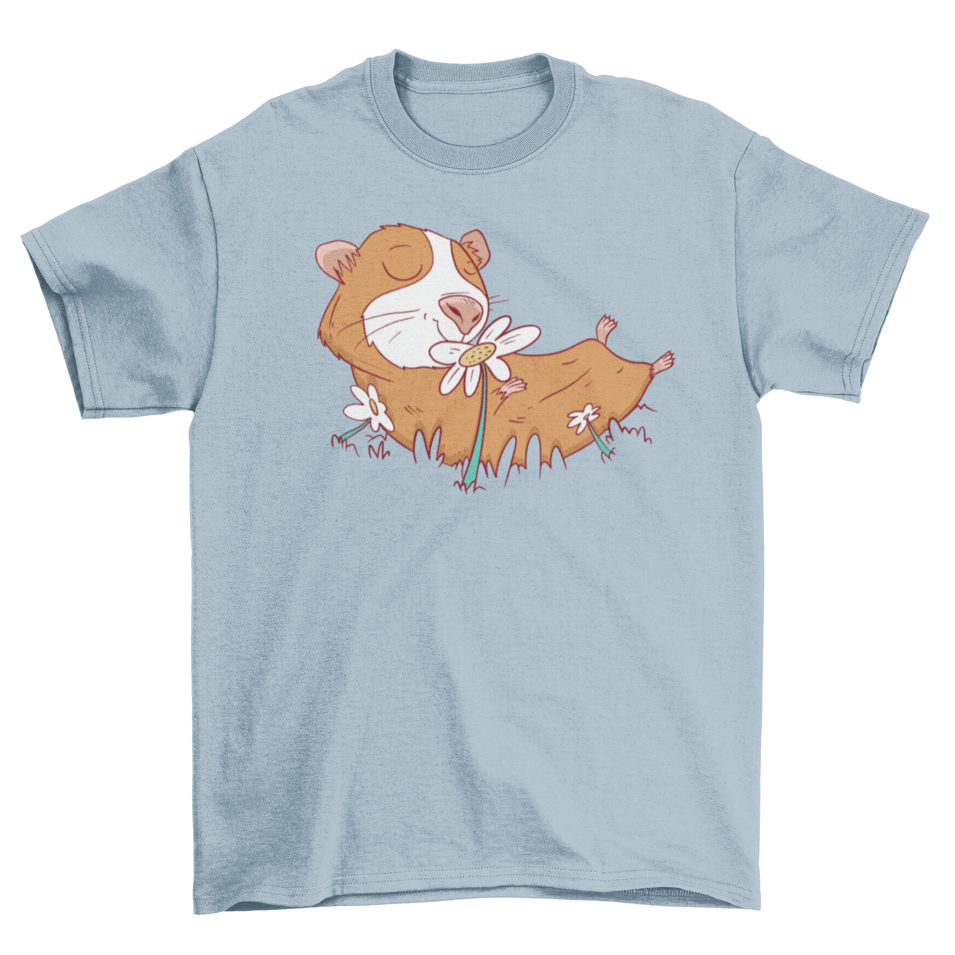 A cute guinea pig smelling colorful spring flowers on a t-shirt.