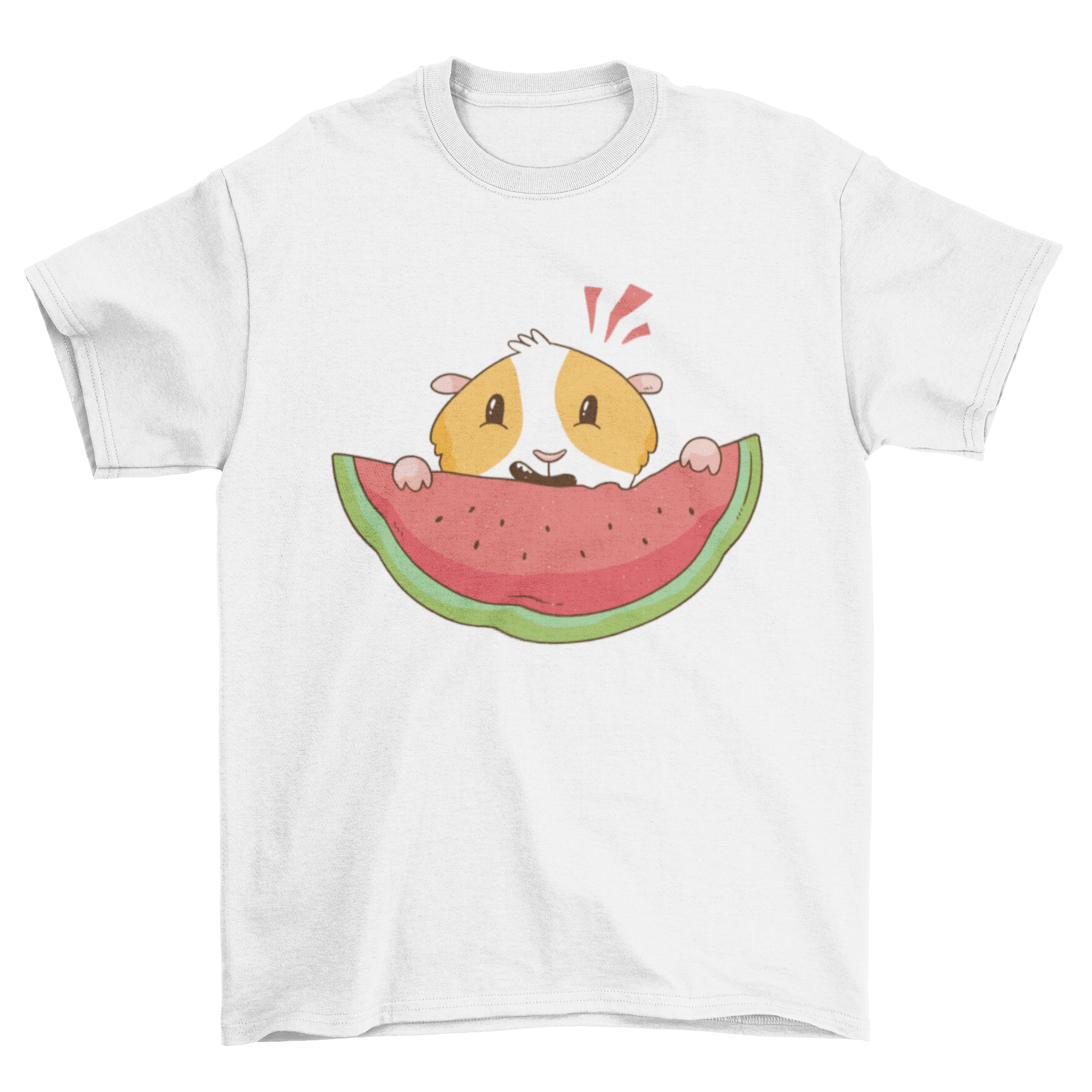 A cute t-shirt featuring a guinea pig eating a watermelon, showcasing a playful design perfect for pet lovers.