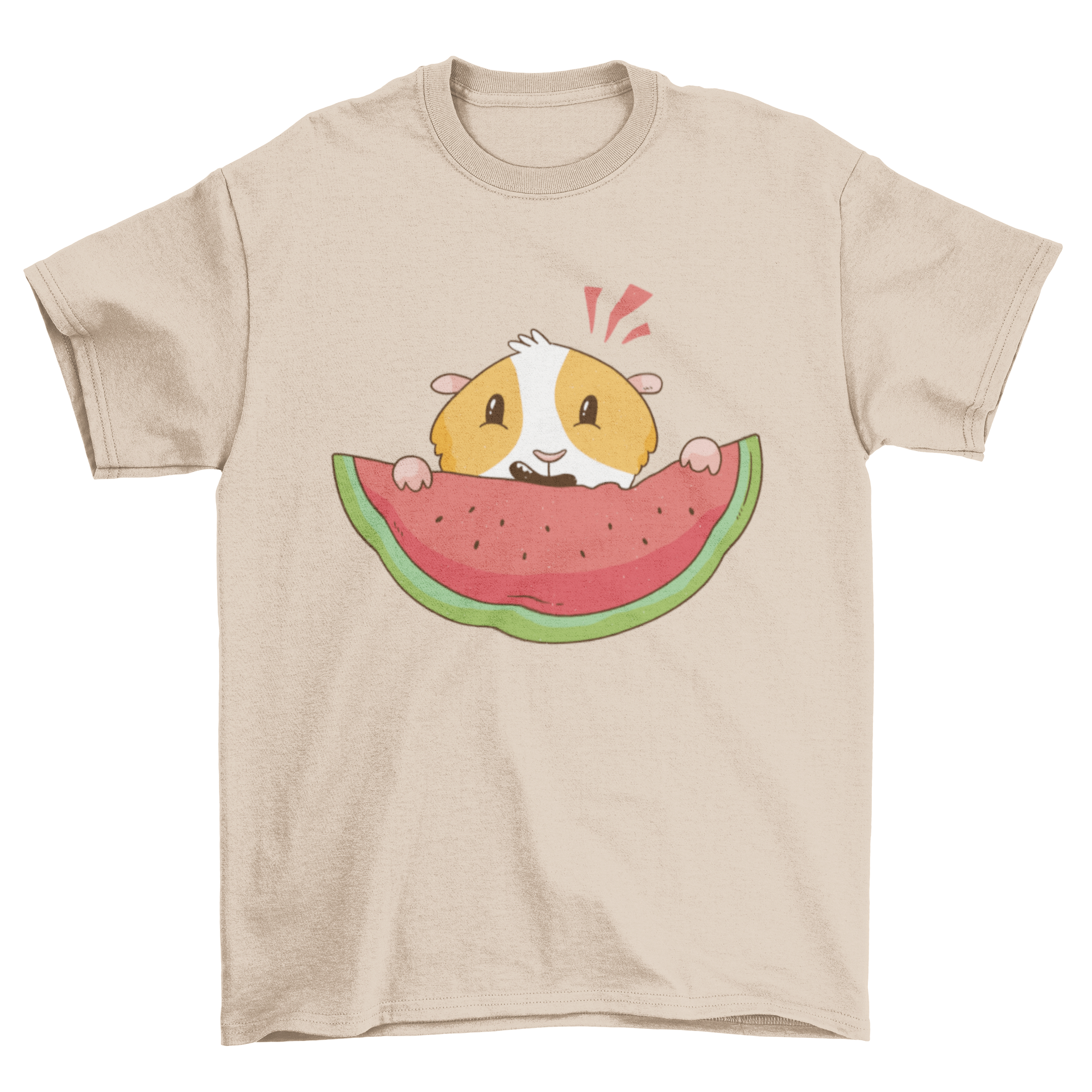 A cute t-shirt featuring a guinea pig eating a watermelon, showcasing a playful design perfect for pet lovers.