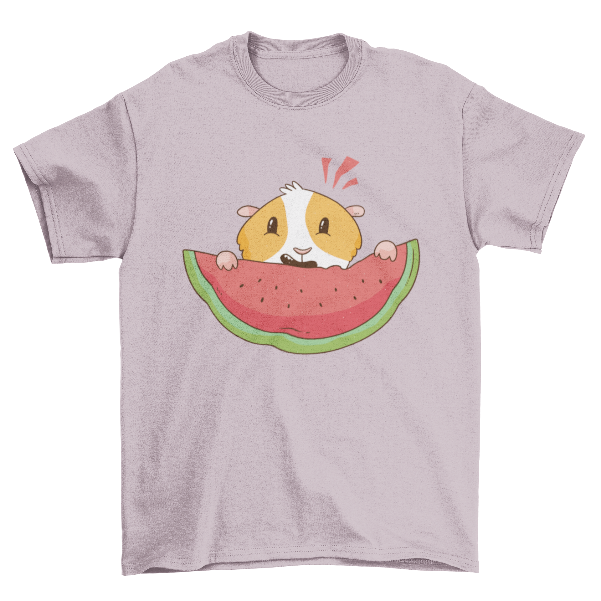 A cute t-shirt featuring a guinea pig eating a watermelon, showcasing a playful design perfect for pet lovers.