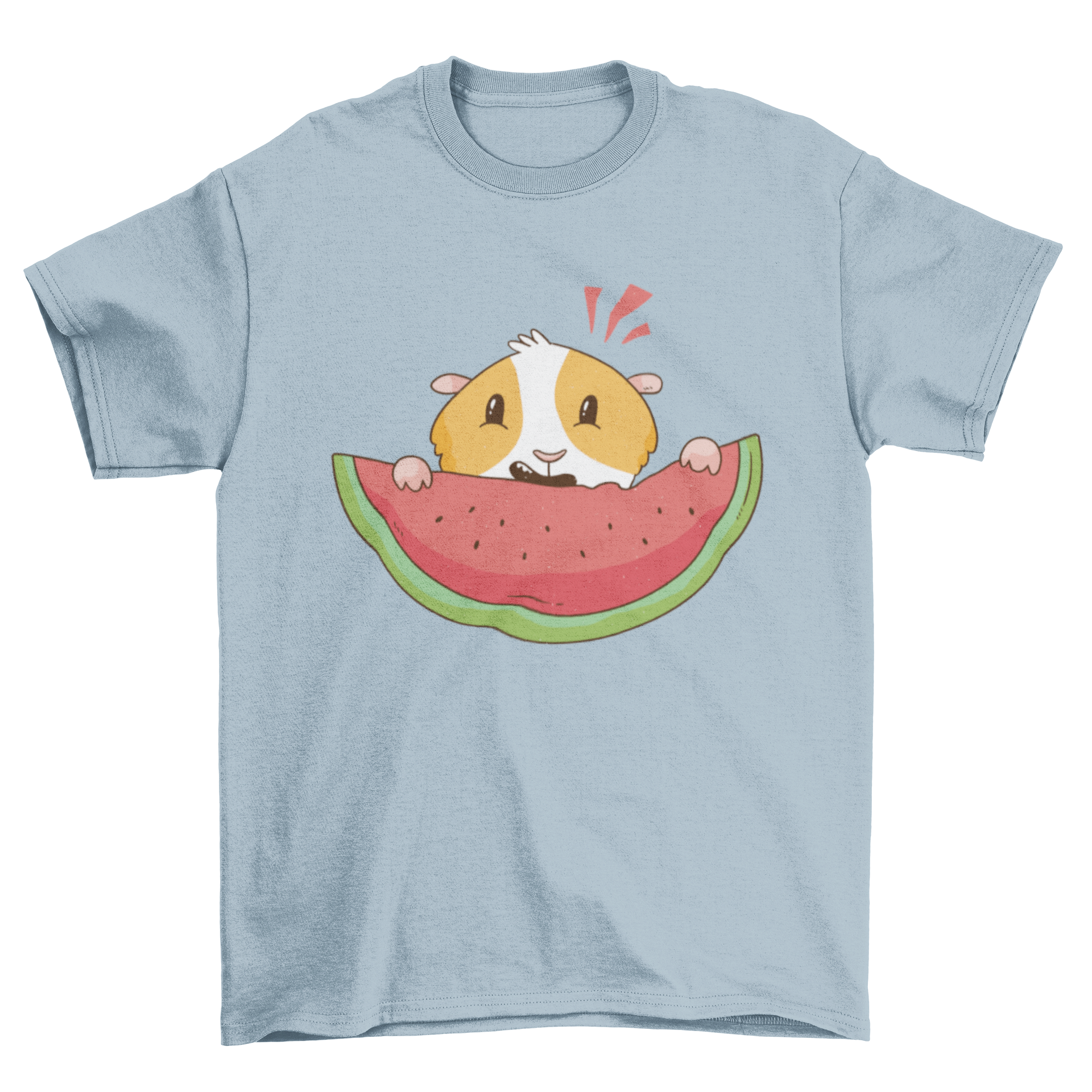 A cute t-shirt featuring a guinea pig eating a watermelon, showcasing a playful design perfect for pet lovers.