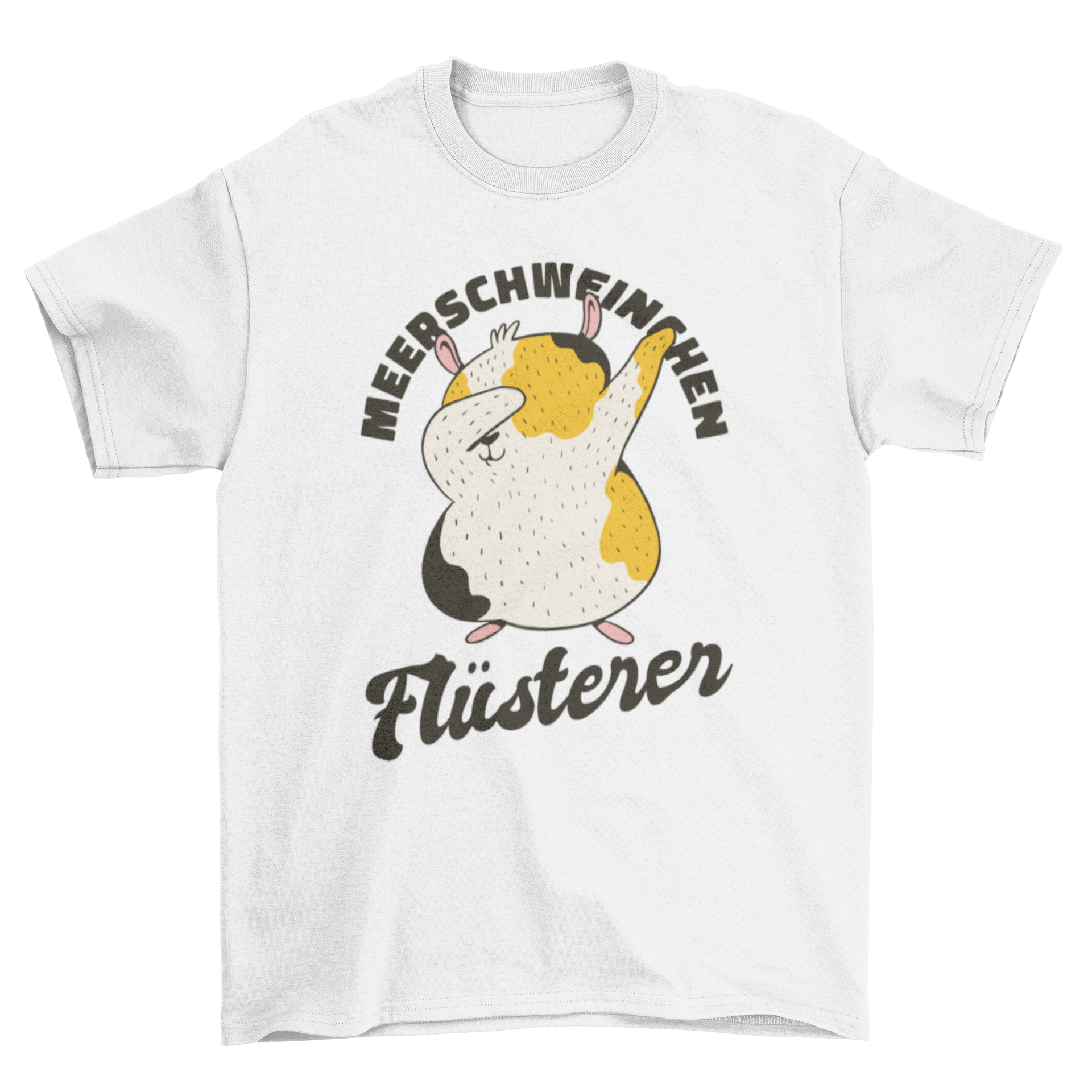 A stylish t-shirt featuring the German quote 'Meerschweinchen flüsterer' with a design celebrating guinea pig lovers.