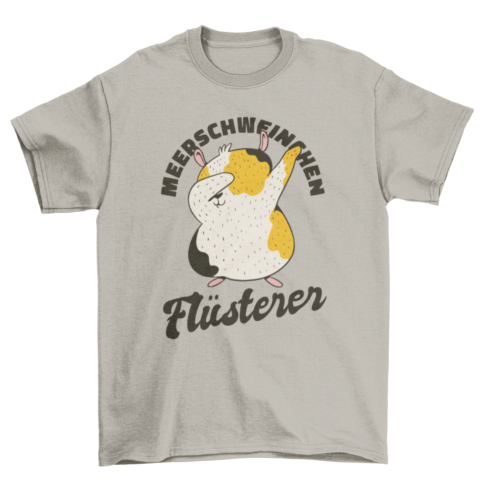 A stylish t-shirt featuring the German quote 'Meerschweinchen flüsterer' with a design celebrating guinea pig lovers.