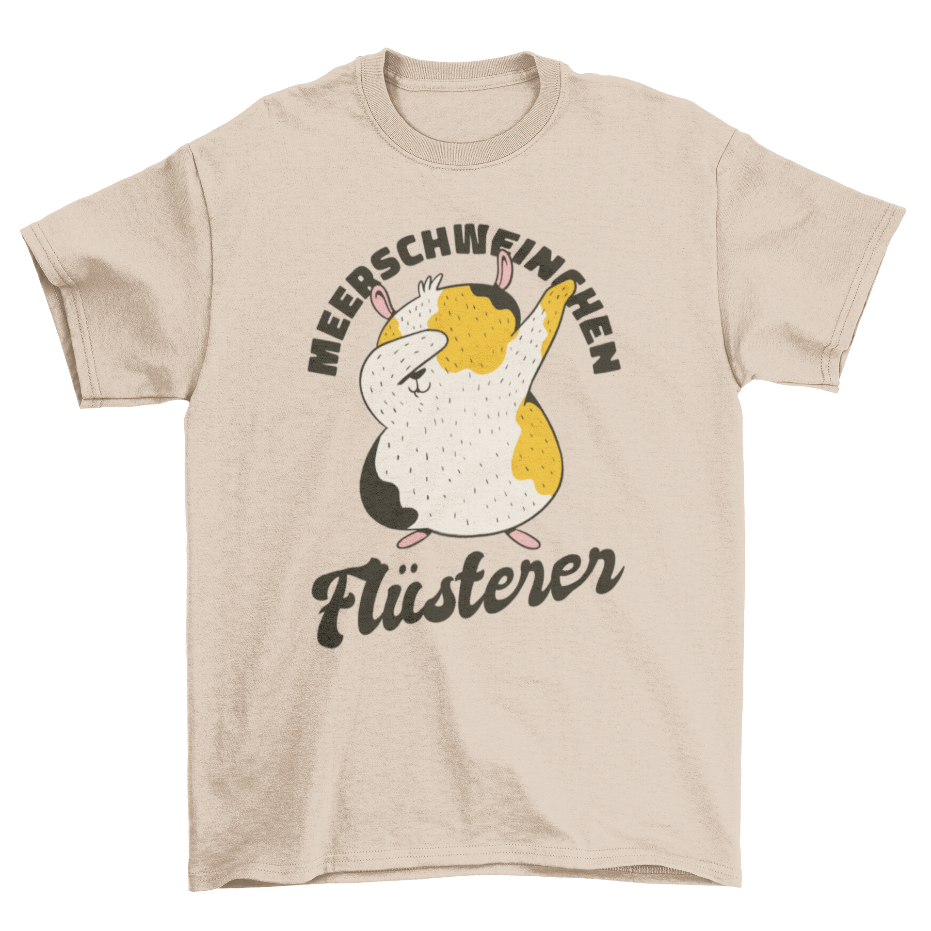 A stylish t-shirt featuring the German quote 'Meerschweinchen flüsterer' with a design celebrating guinea pig lovers.