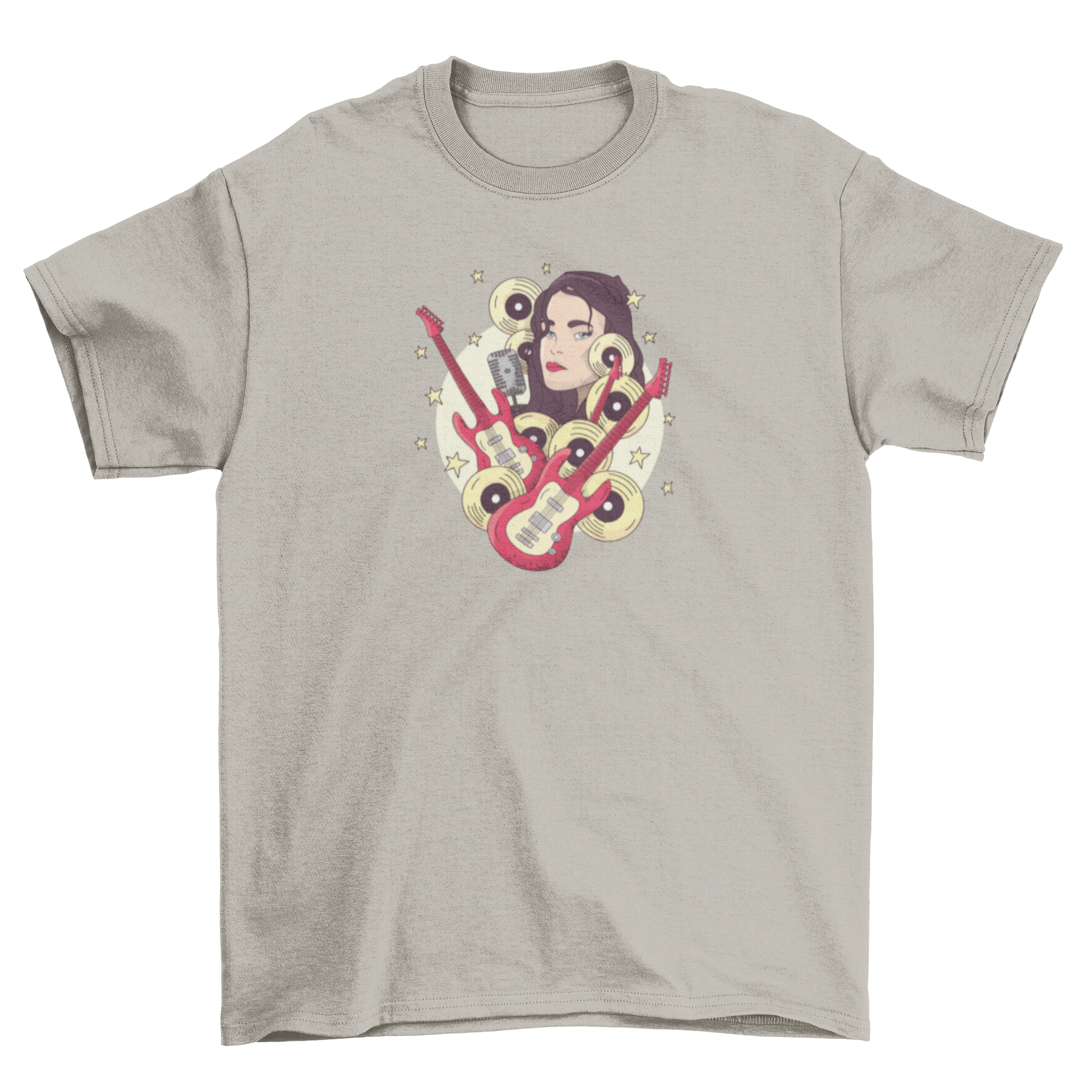 Guitar Face T-shirt featuring vibrant musical design with guitars, microphone, and vinyl records.